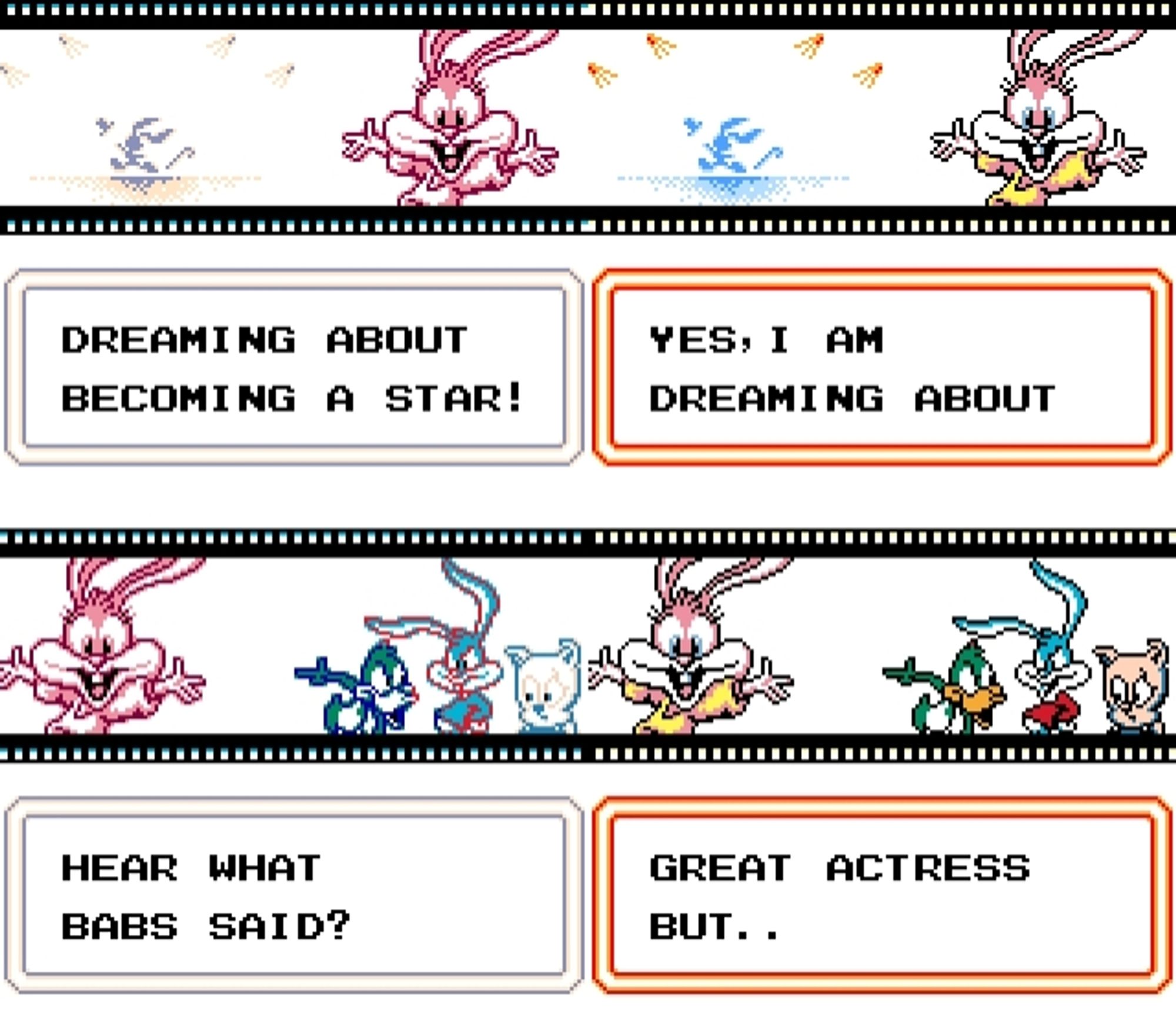 Comparison of my tiny toons recolorization for game boy screenshots from July and August 2024.