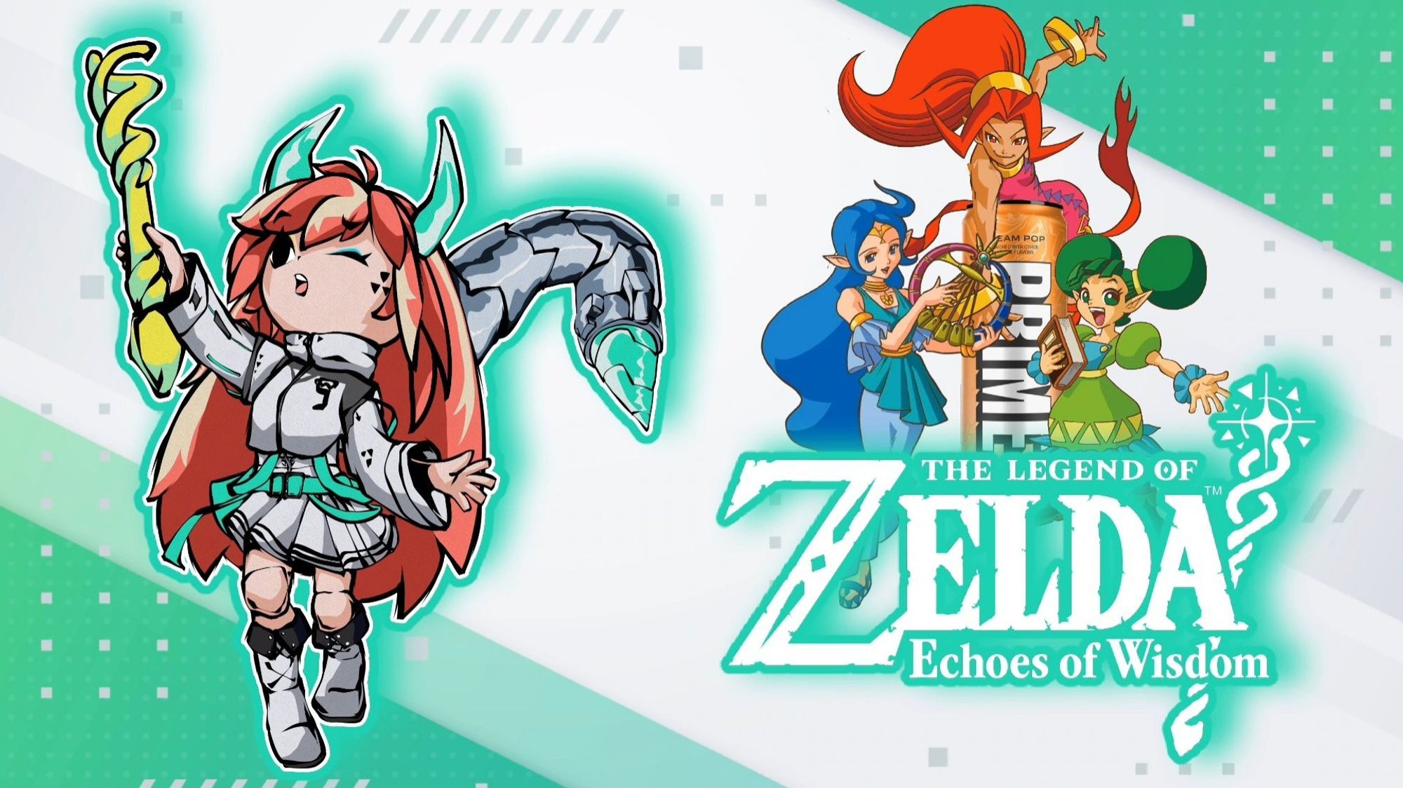 A green and white background featuring VTuber Ami Báirseach in the WindWaker style holding the Tri Rod from Echoes of Wisdom while the Oracles Din, Nayru, and Farore protect a can of Prime Energy.
The Echoes of Widsom logo also features.