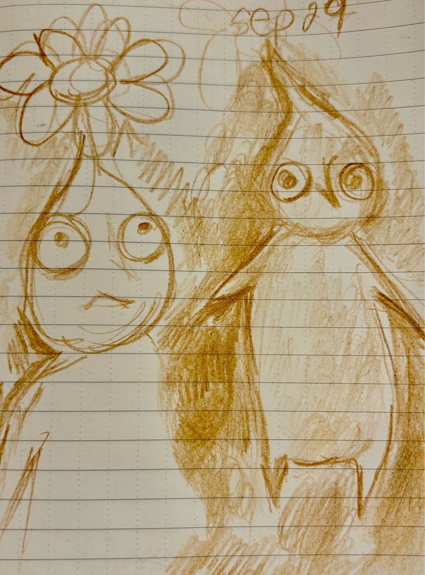 Sheet of lined paper with two Pikmin drawn in sepia pencil -- the left one looks a bit like it's starting at the face or the void and the right hand one just looks Round