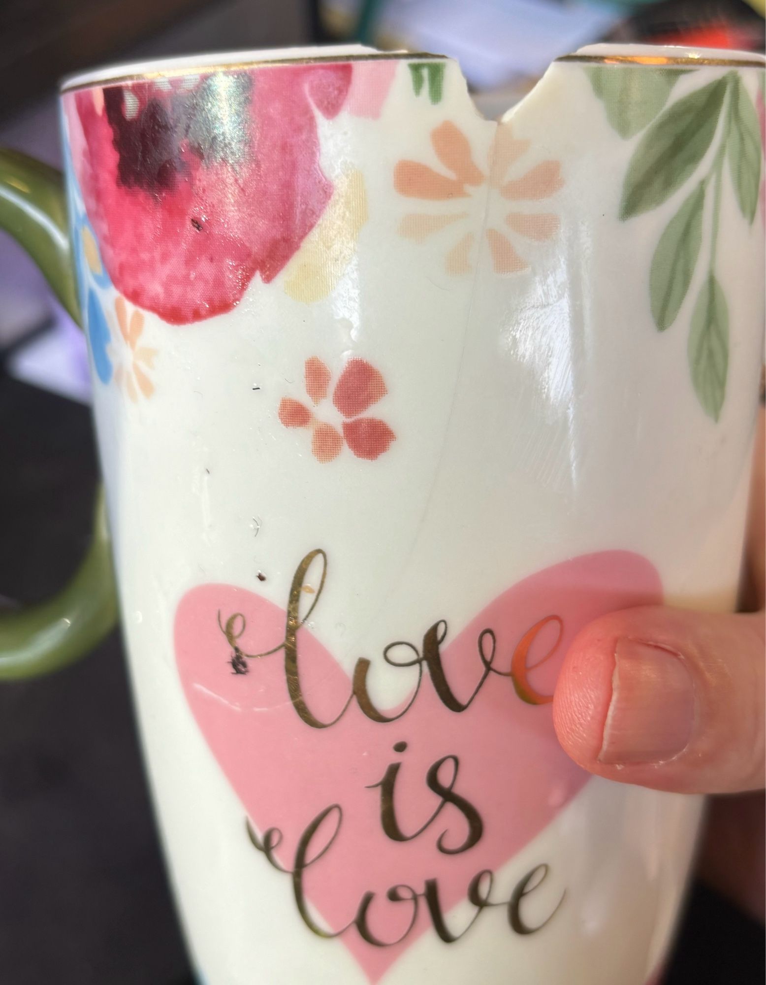 The outside of a long mug with "love is love" in over fancy cursive script