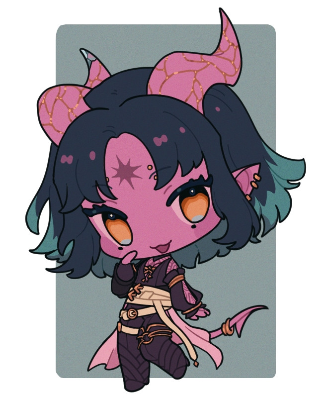A chibi illustration of hiimeyu's oc Charline. She is a tiefling woman with pink skin, gold eyes, short bluish hair with lighter tips, a starburst mark on her forehead, horns curving back over her head with gold veins and a diamond tip on one, and a pointy tail. She is wearing black clothes with white belts and lots of gold accessories and piercings. The background is a simple teal rectangle. 