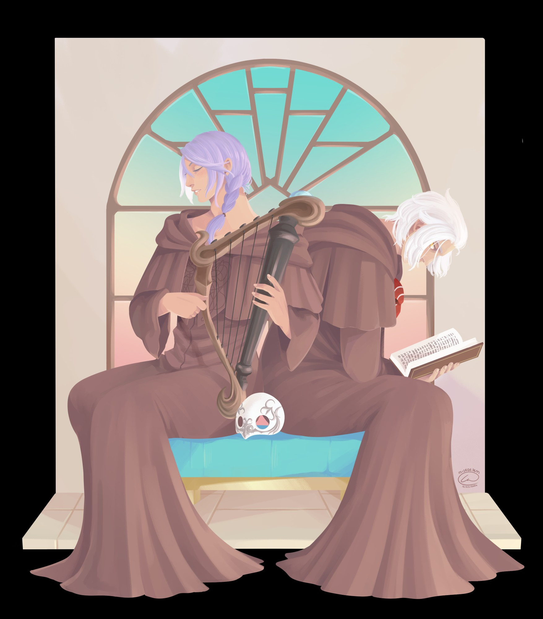 Painting of Emet-Selch and Hythlodaeus from Final Fantasy XIV sitting back to back. Emet reads while Hythlodaeus plays an instrument.