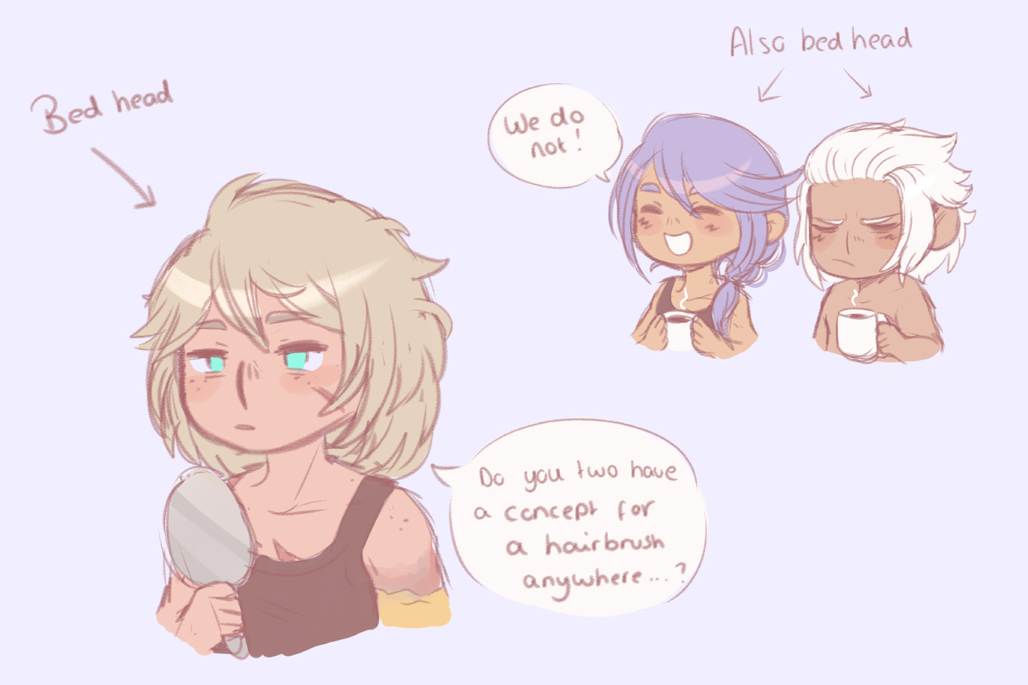 Drawing of Azem, Hythlodaeus, and Emet-Selch from ffxiv. The dialogue reads "do you two have a concept for a hairbrush anywhere" and "we do not", and the labels read "bed head" and "also bed head"