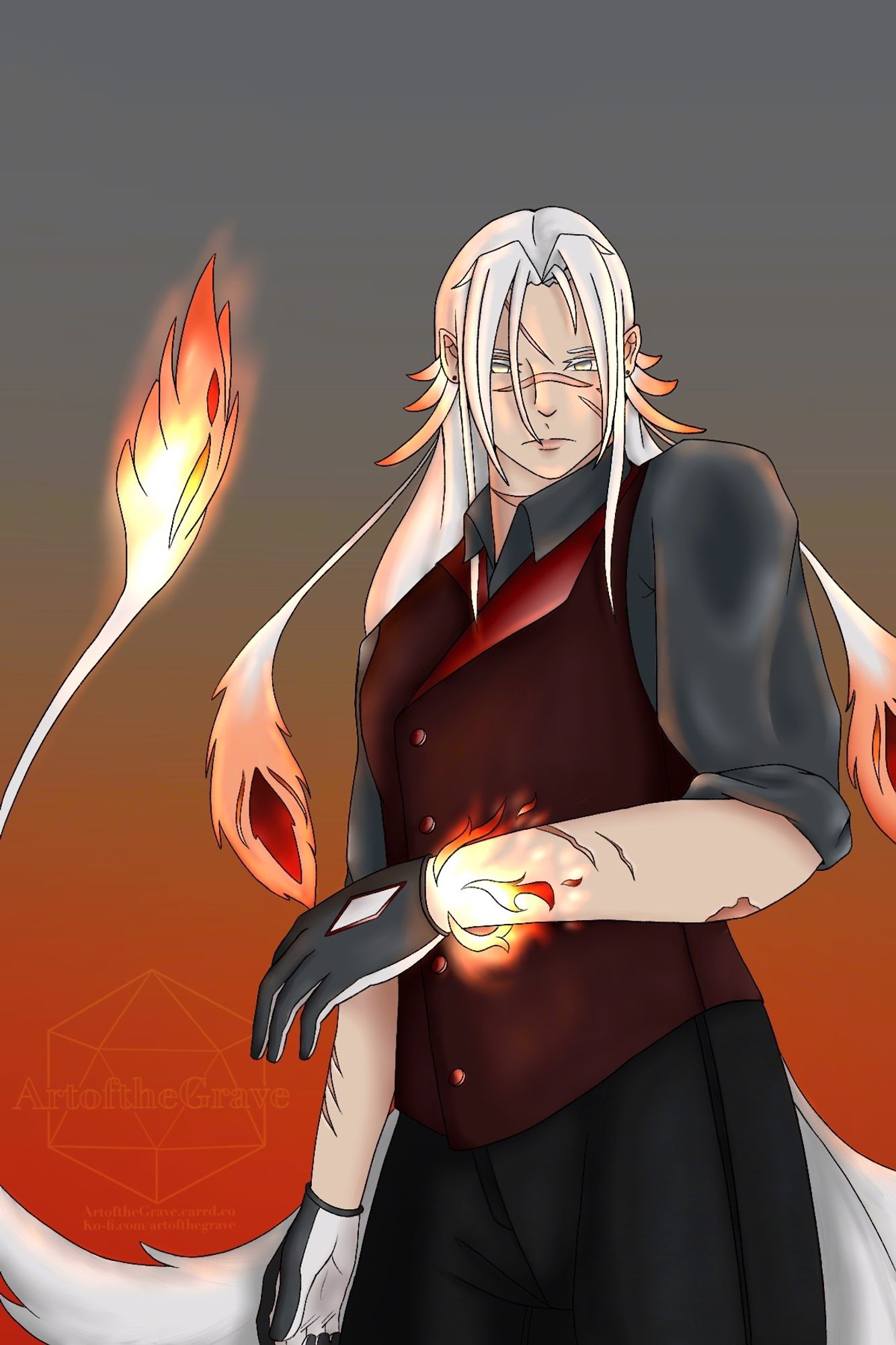 My design for a Phoenix version of Oliver for October. I made his feathers match his white hair. He has pale skin, white eyes and hair, and has a bunch if scars.