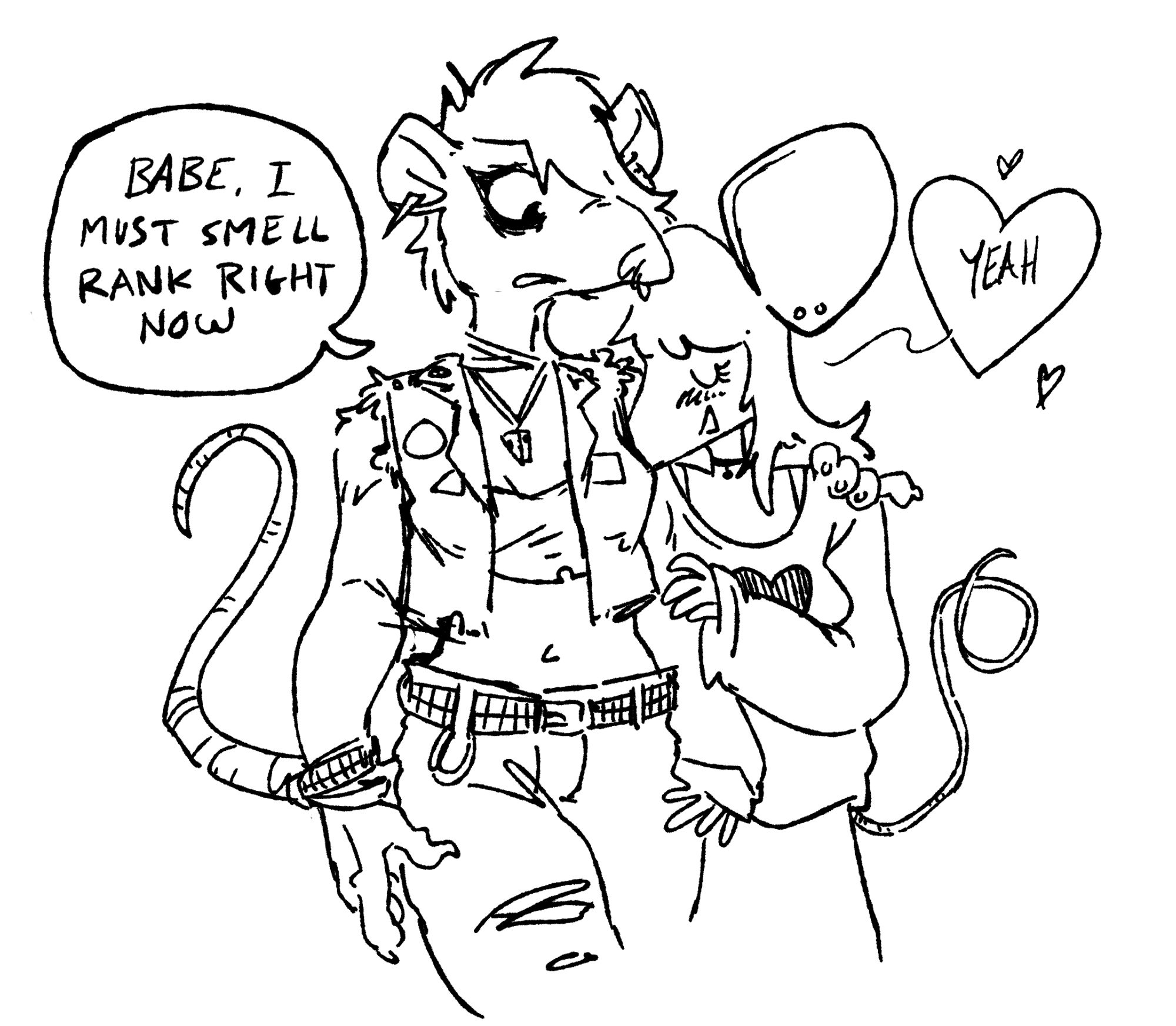 punky looking rat girl walks with her adorable mouse girlfriend whose nose is firmly shoved into the rat girl's armpit. The rat says "Babe, I must smell rank right now" and the blushing mouse girl replies "yeah" many hearts surround her reply