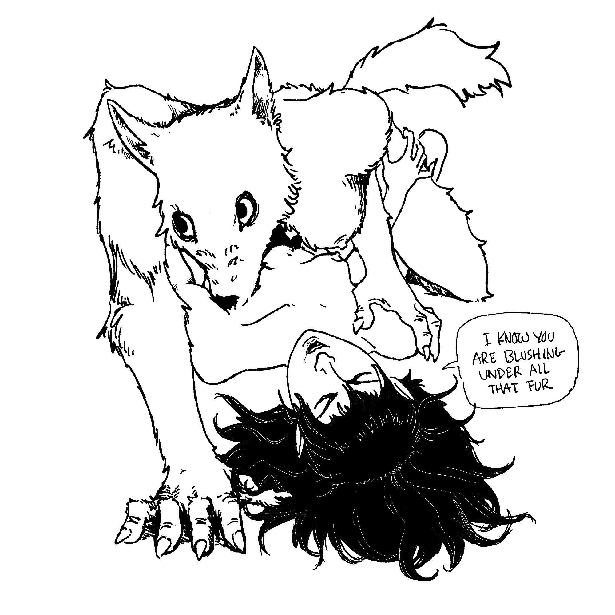 a werewolf pins her vampire girlfriend down, her snout buried in the vampires armpit. The werewolf looks bashfully away while the vampire says "I know you are blushing under all that fur"