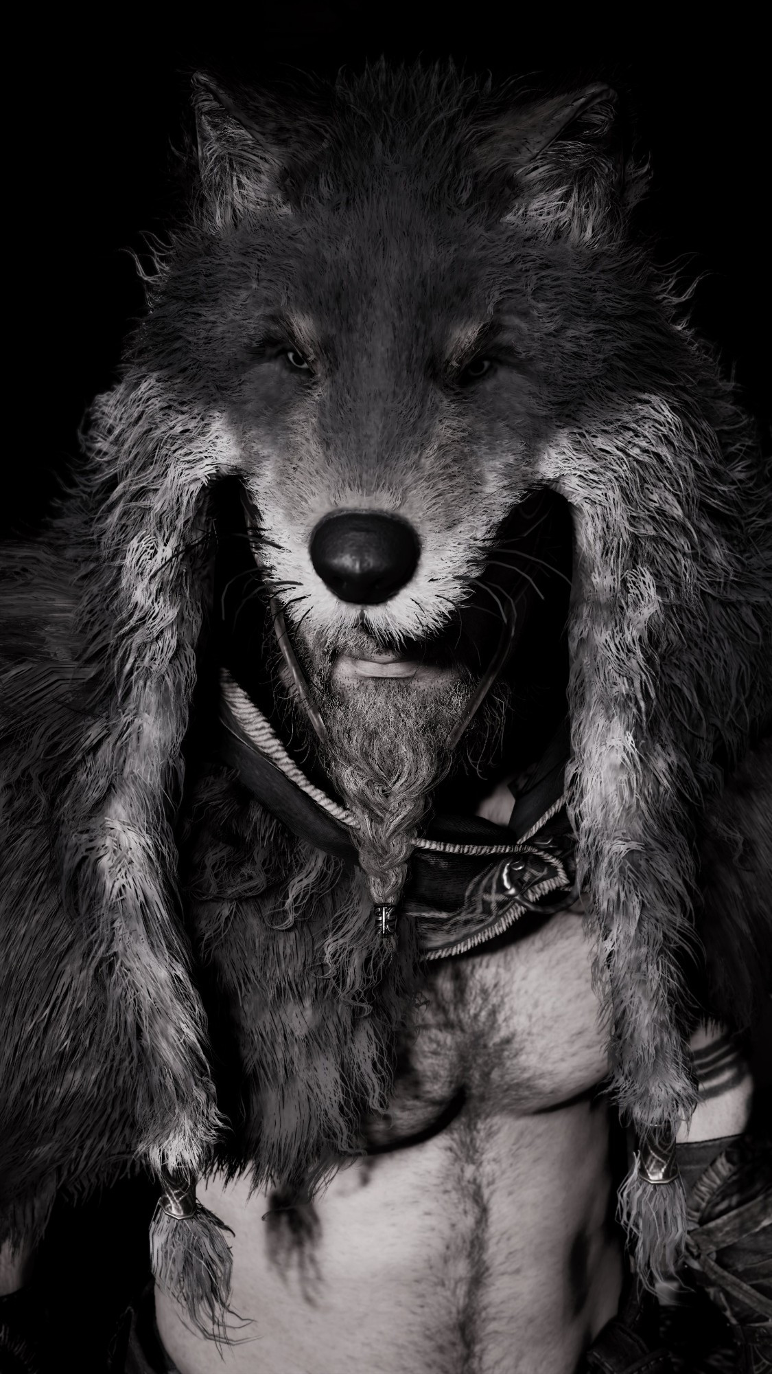 Male Eivor from Assassin's Creed Valhalla. He's wearing a wolf-head helmet and a fur-cloak. His face is hidden by the helmet.