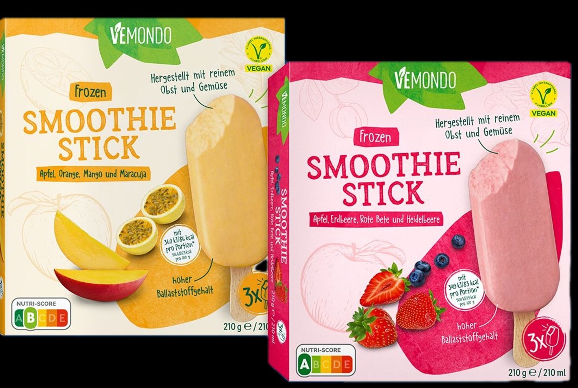 Produktbild Verpackungen Frozen Smoothie Stick von Vemondo in den Geschmackrichtungen Apfel,Orange,Mango,Maracuja und Apfel,Erdbeere,Rote Beete,Heidelbeere