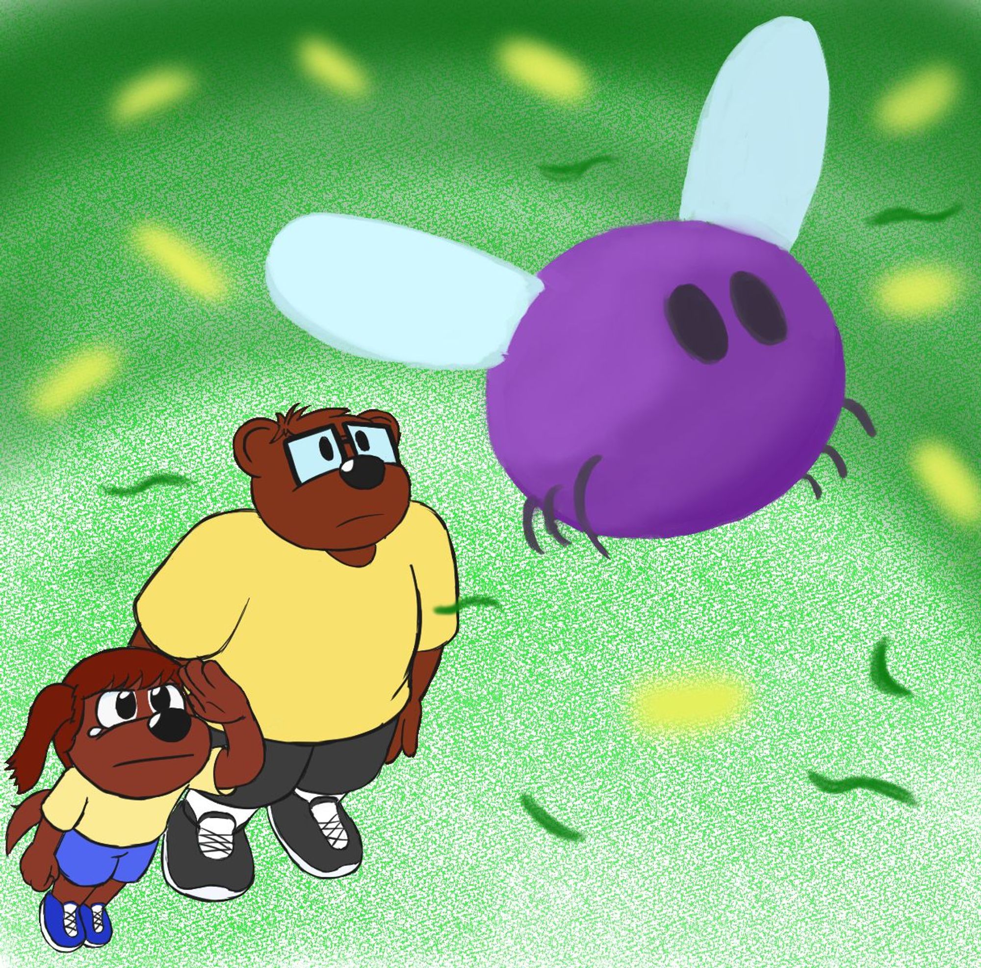 Mr. Grumps (a bear in glasses) and his daughter Valerie (a small dog) watch sadly as Eggbug, mascot of the social media site Cohost, flies away.