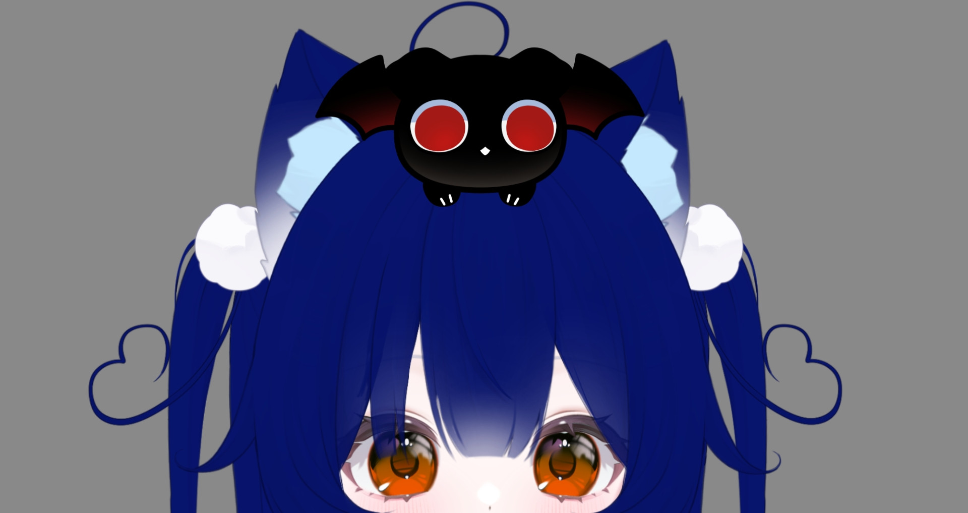 Puppy boy with dark blue hair is peeking up with his orange eyes. There is a small void puppy sitting on top of his head.