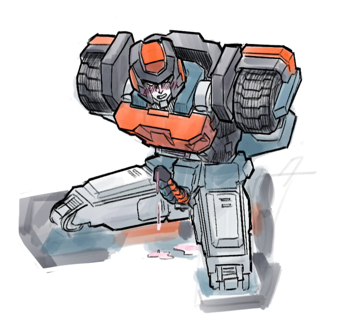 IDW Roller is kneeling on the ground, arms behind his back. He looks embarrassed, as his cock is out and leaking on the ground. The piece is lined and somewhat messily colored.