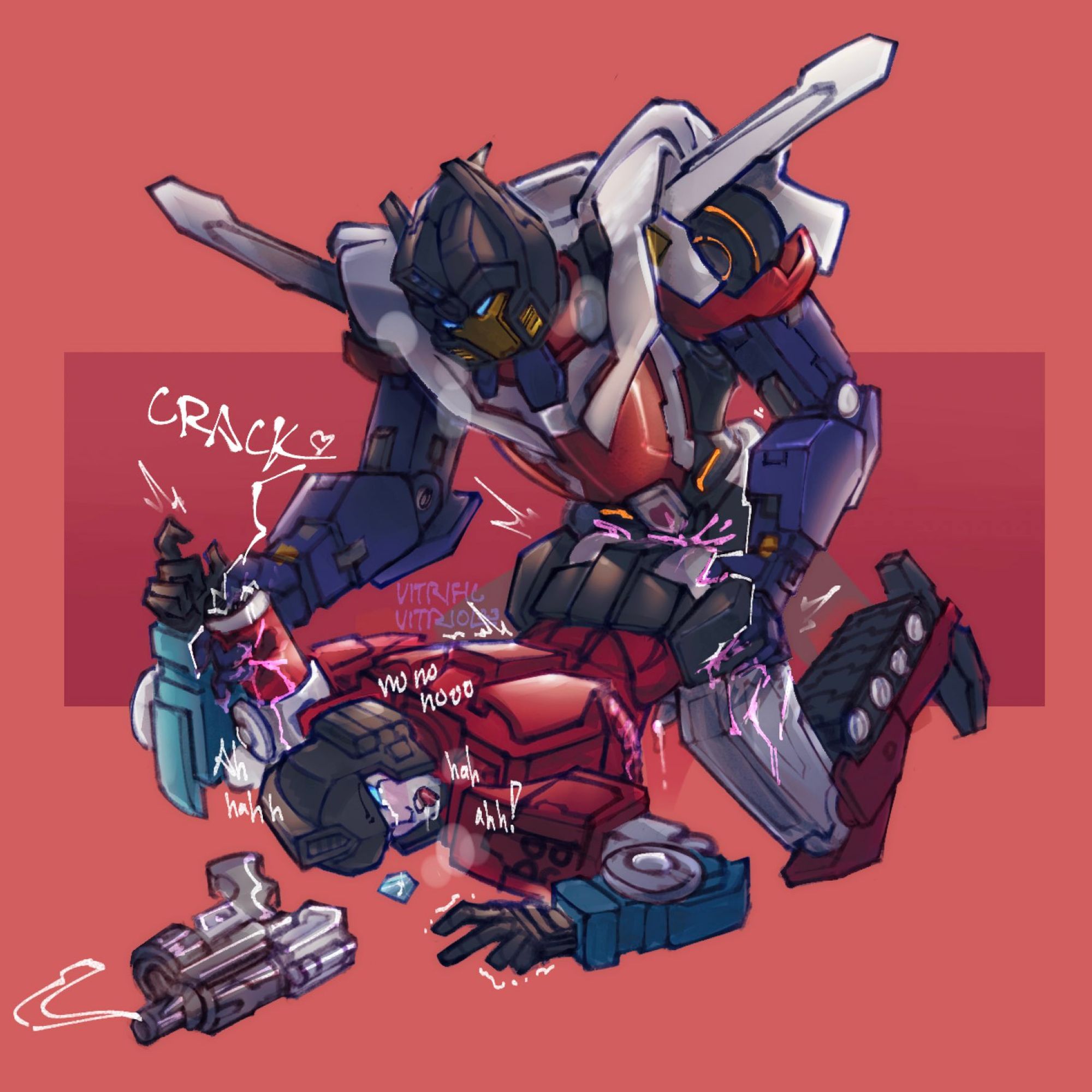 Getaway is railing Perceptor from behind. Perceptor is on all fours, chest pushed into the ground. One of Getaway's hands is crushing the tube of his microscope kibble, and the nudge gun is smoking from recent use. Perceptor is crying and panting, with intermittent begs to stop.