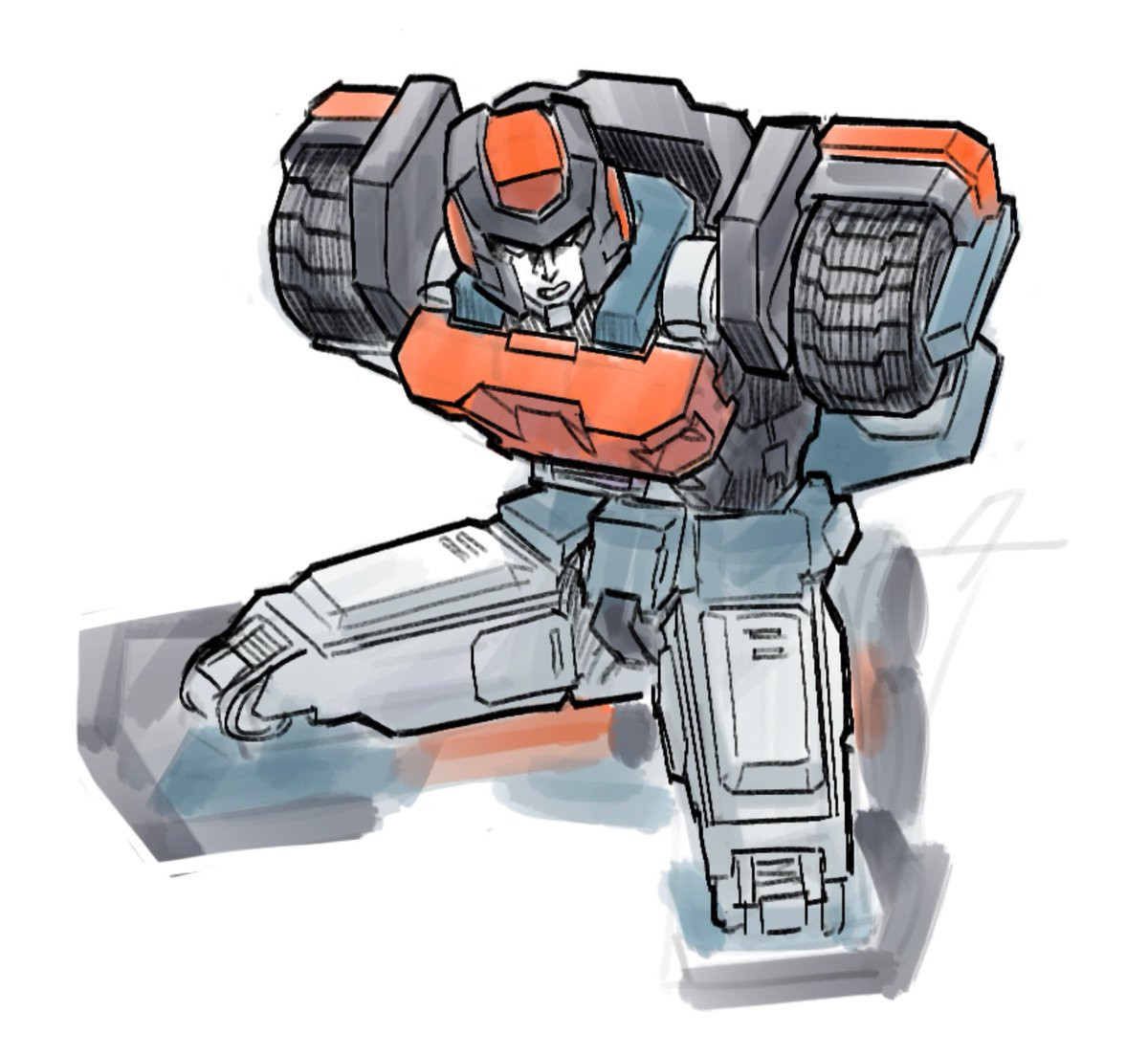 IDW Roller is kneeling on the ground, arms behind his back. He looks mildly annoyed. The piece is lined and somewhat messily colored.