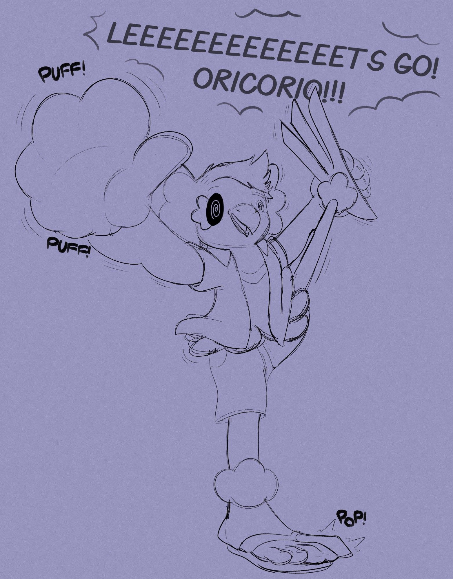 A sketch of Dies transforming into a Pom Pom style Oricorio. He is lifting one leg above his head while hypnotized and cheering "Leeeeeeeeet's go! Oricorio!!!"