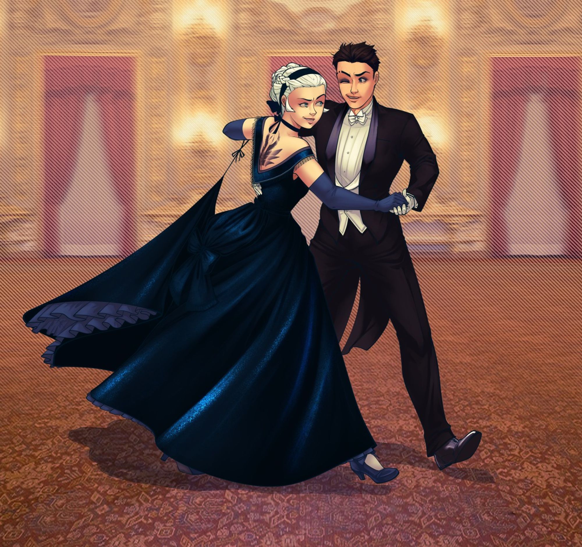 Alice (white hair, dark blue dress) and Jack (brown hair, tux) from Cross the Skies doing a waltz