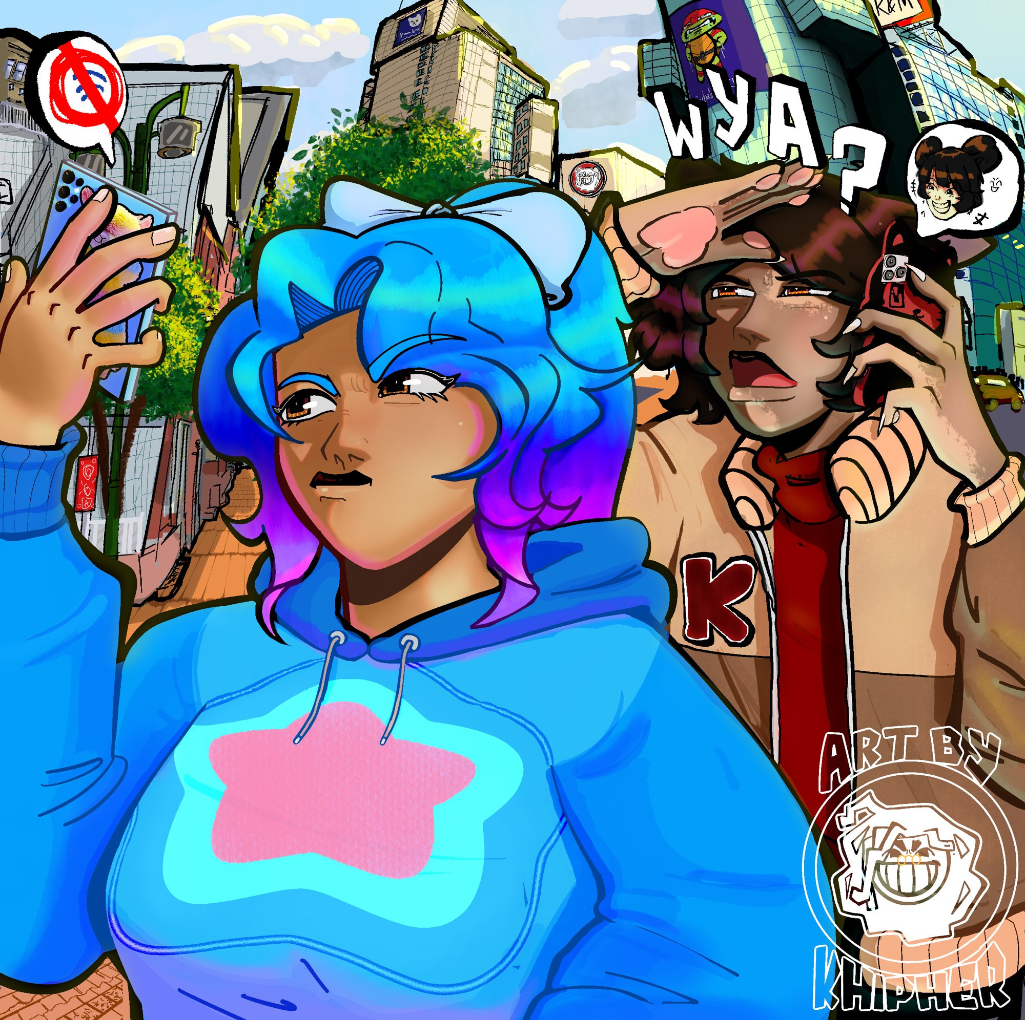 Kai and Bailey (OC’s of @StinkiesDraws my bestie) are currently walking through a city looking for the rest of their friend group