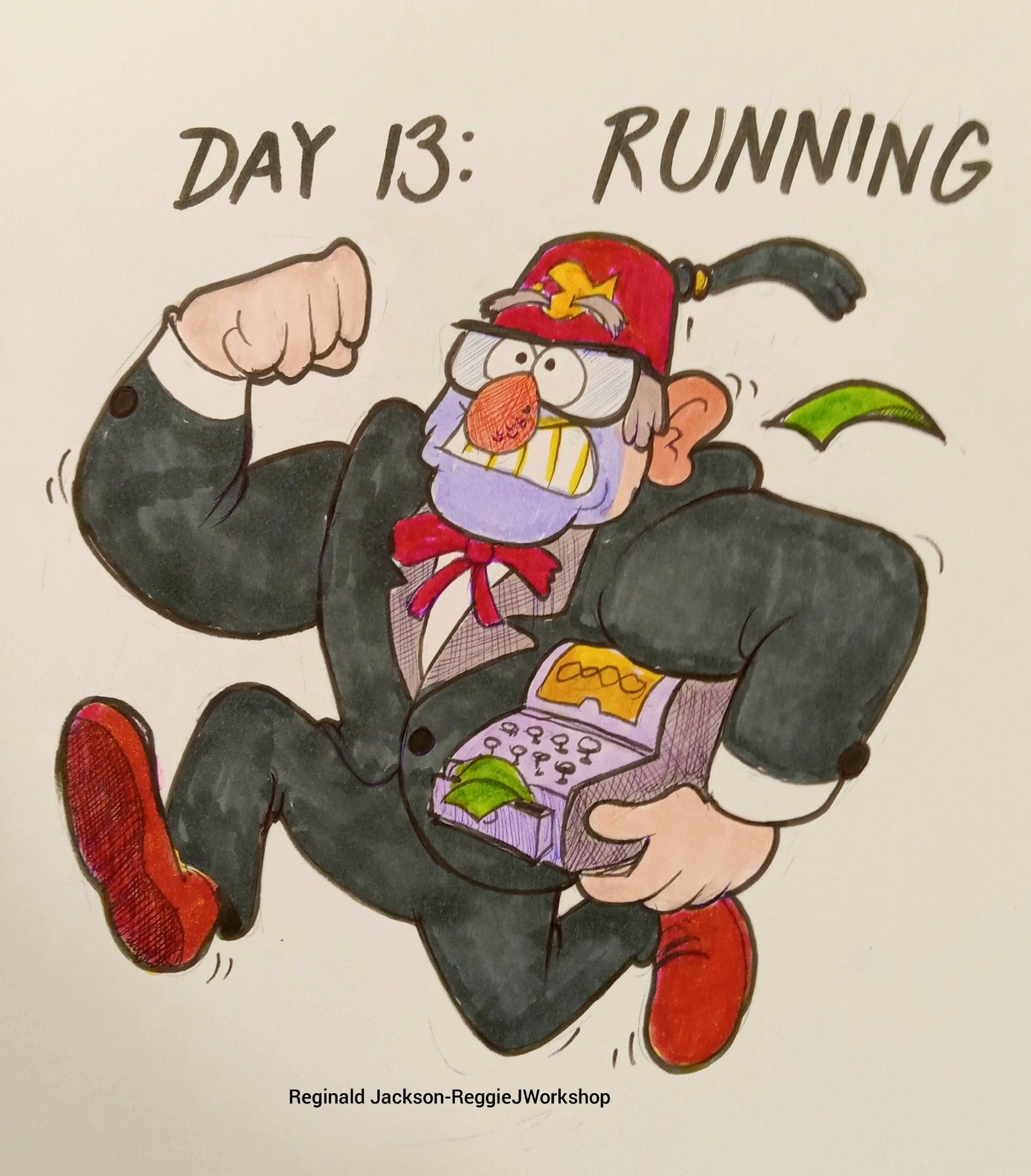 Grunkle Stan running away with a register, dollars spilling out of its drawer 