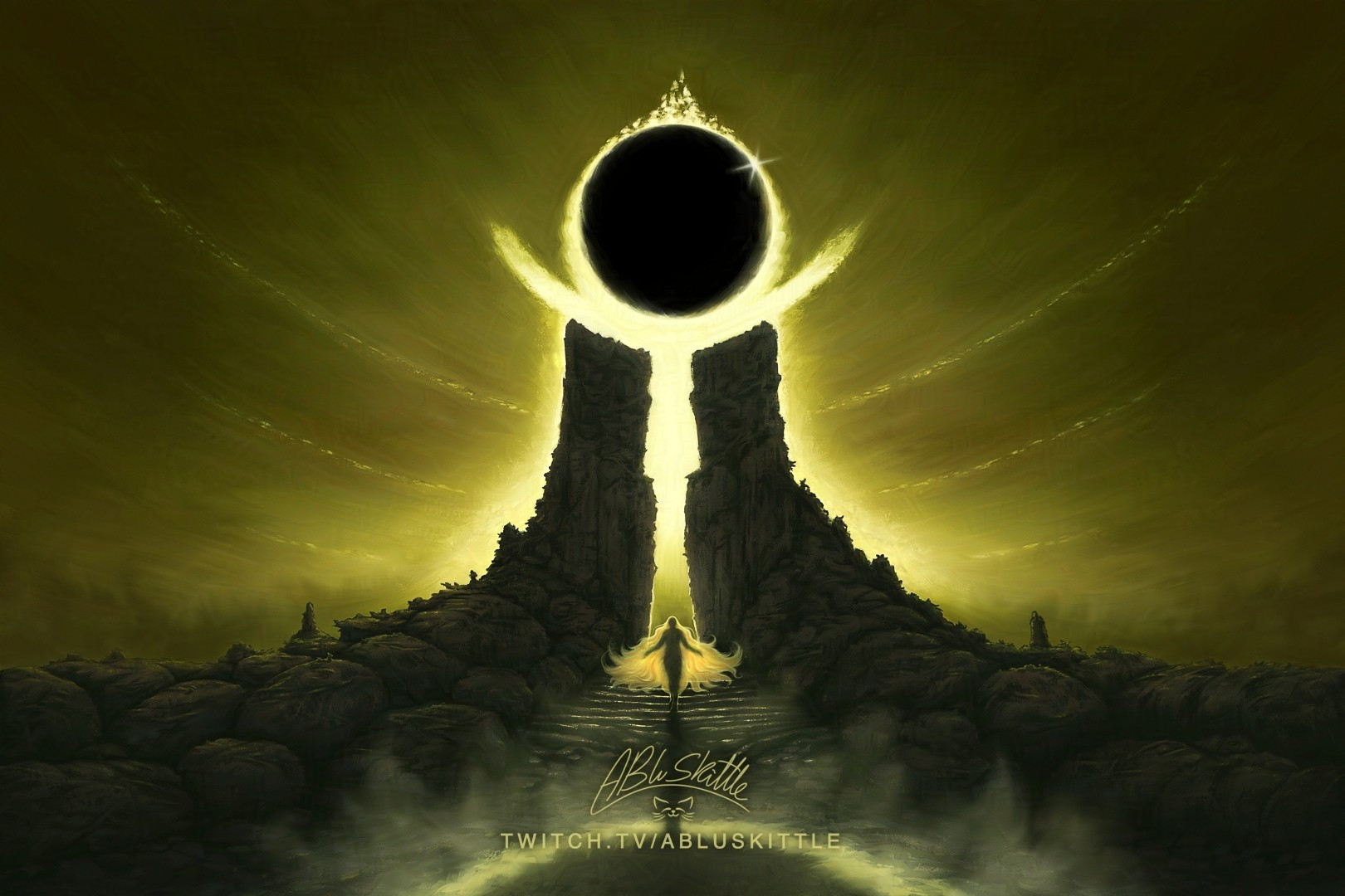 Digital painting / illustration drawn with  Rebelle 7 and Krita by ABluSkittle: 

Sky is golden with faint light arcs rising up out of the centre. A giant rocky gateway structure with steps in the centre and a character with long flowy golden hair is silhouetted by the light as they walk up the steps. Dust wisping around. A large eclipse is positioned above the gateway structure to form an arc shape.

Painted live on: Twitch.tv/ABluSkittle
Human art (No AI)