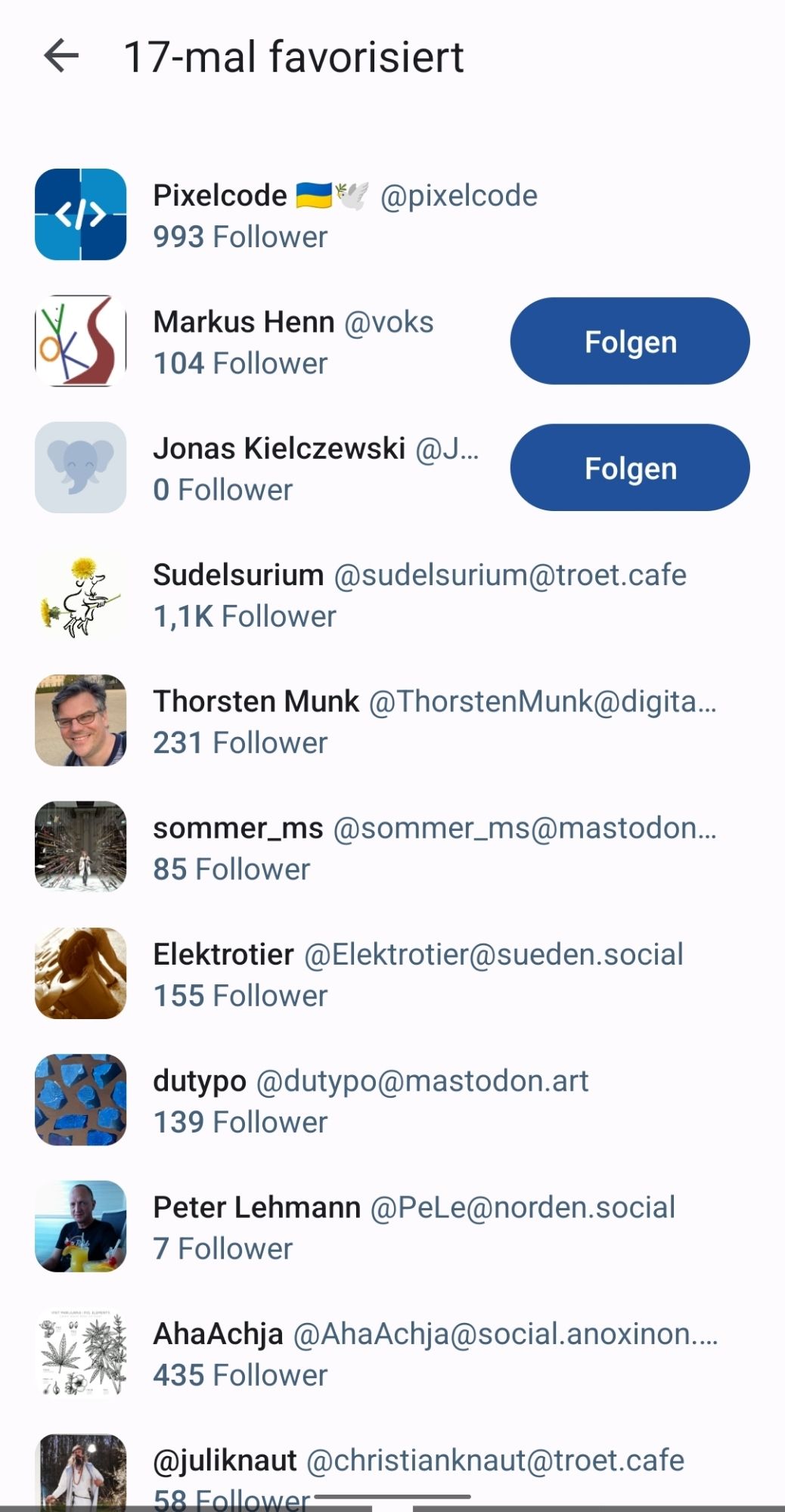 Die Liste derer, die den Post favorisiert haben. Es sind offensichtlich viel mehr als nur drei Nutzer. Das liegt daran, dass die Liste der Likenden direkt vom Server des Auswärtigen Amts geladen wurde, aber die Zahl der Likes von vorhin noch aus dem (veralteten) Cache von social.tchncs.de stammt.