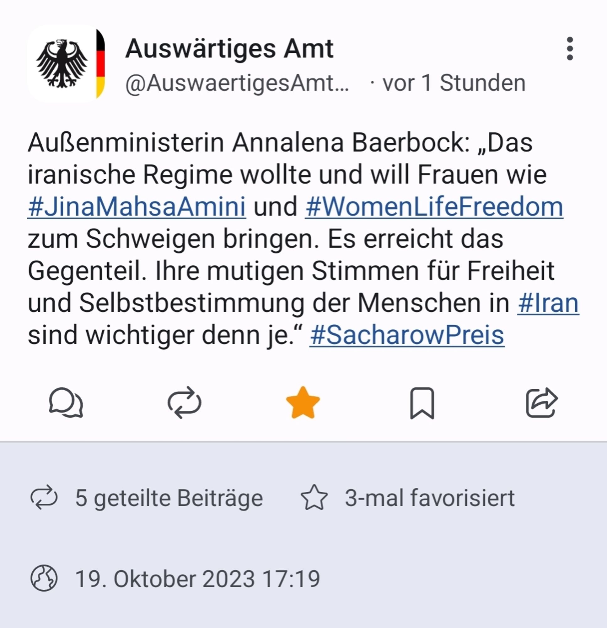 Ein Mastodon-Post des Auswärtigen Amts, der 5-mal geteilt und 3-mal favorisiert wurde.