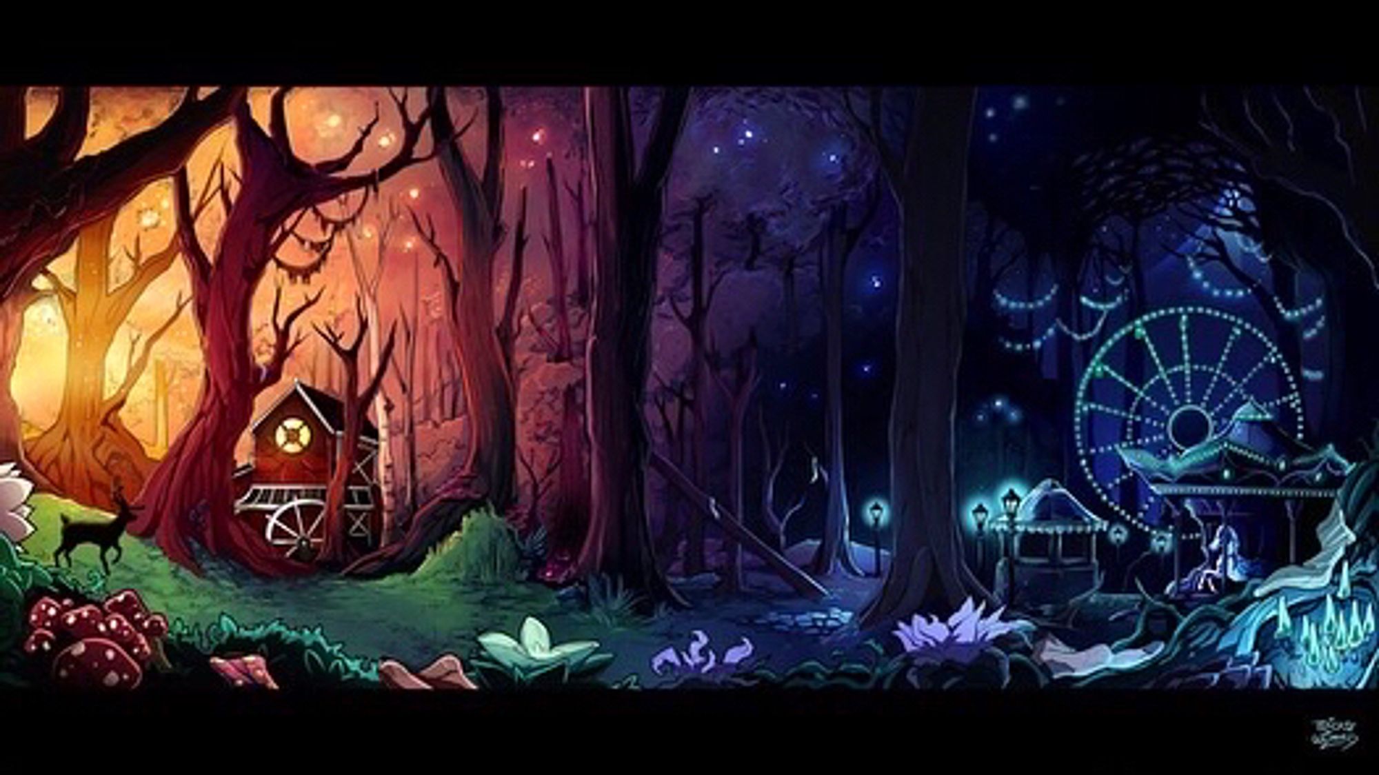 A landscape piece of a magical forest at sunset with a small barn. As the piece moves from left to right, the light  dims into twilight and reveals a glowing carnival hidden deep in the woods.