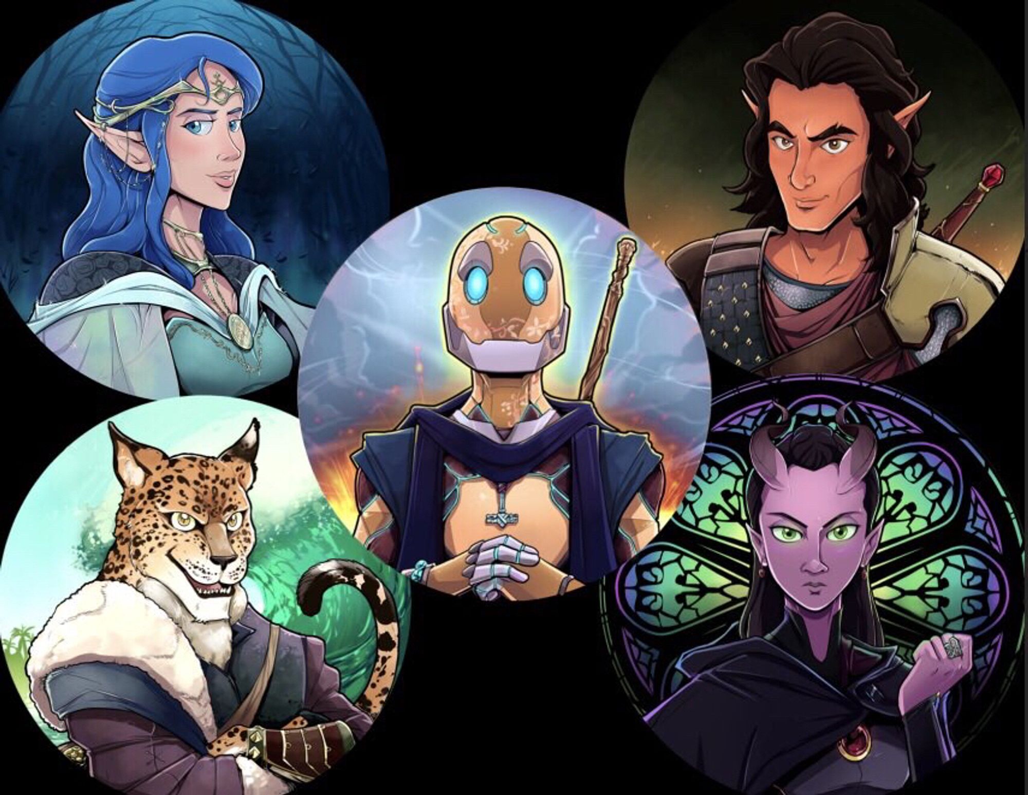 A trrpg party featuring:

A rosy cheeked elf with long blue hair. She has very long pointed ears  and a flowy blue gown.

A jaguar cat person with a big smile and set eyebrows. He is wearing fur lined armor.

An eager looking robot martial artist with glowing blue eyes and loose robes. He has a bowstaff mounted on his back.

A tan half elf with set brows and a smirk. He has shoulder length brown hair, a blade mounted on his back and ruddy leather armor

A purple tiefling woman with short horns, long black hair and black robes standing in front of a round stained glass window