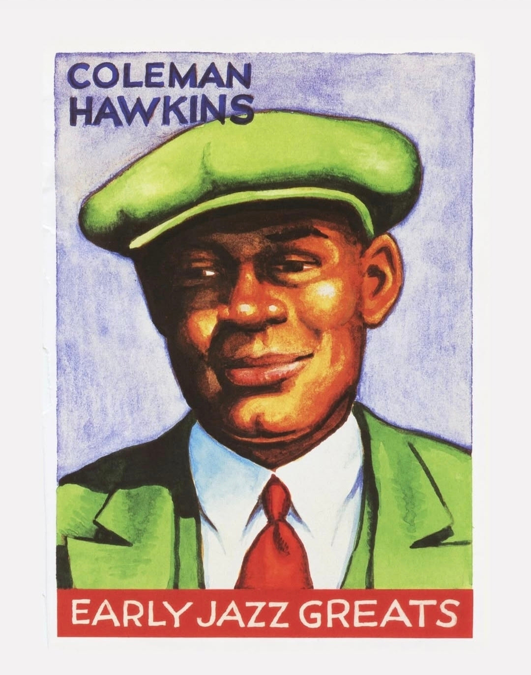 Coleman Hawkins color portrait by R. Crumb for an "EARLY JAZZ GREATS" card set for Yazoo Records in 1982.