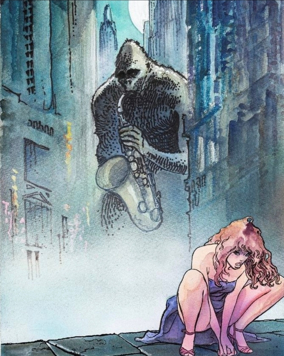 Color illustration of Kong playing a big old sax! 