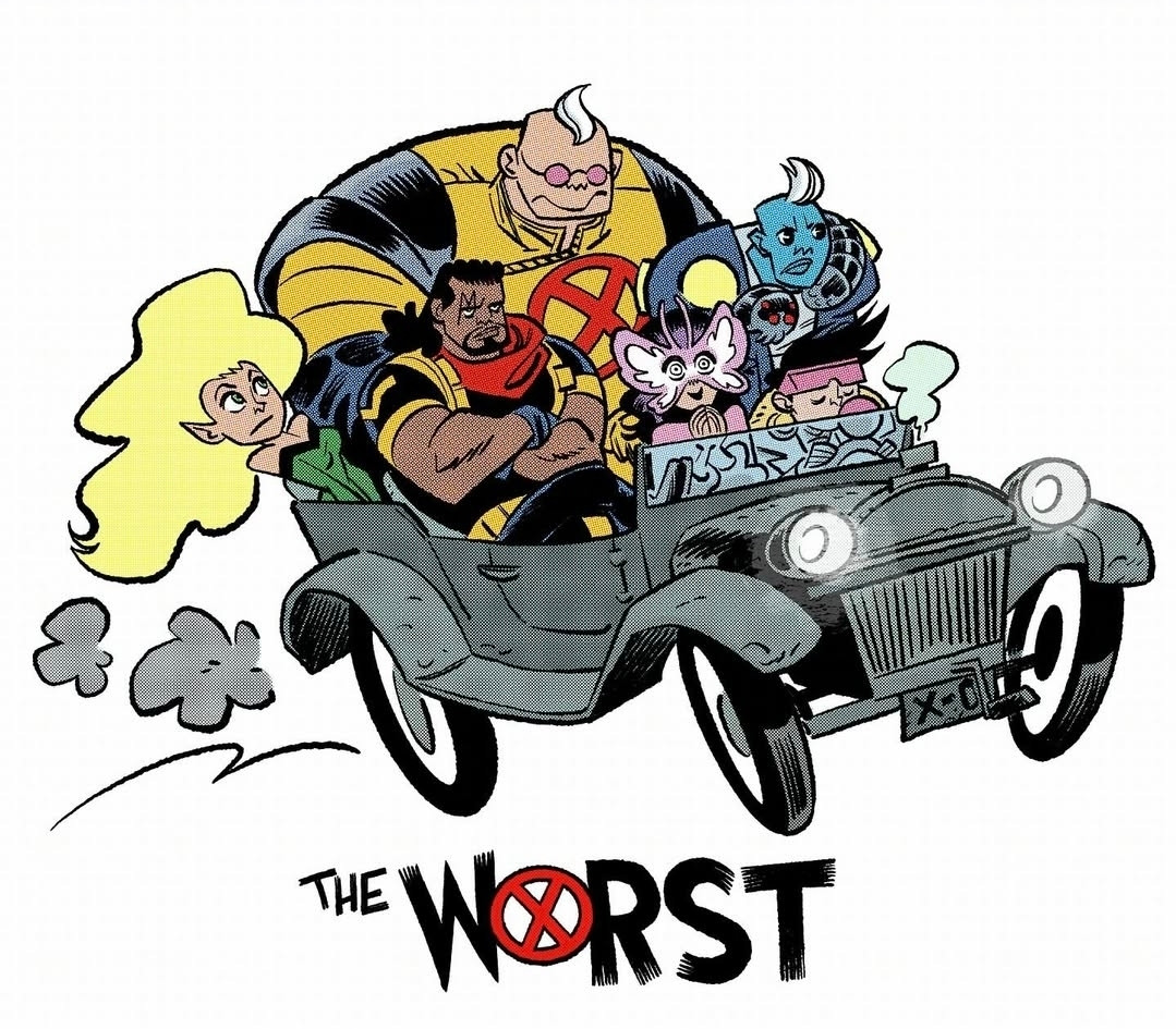 Color illustration of some x-men in an old car with Jubilee driving. Below car it says "The Worst." Per J years ago he asked folks online for a list of the worst x-men and these made the top of many lists for whatever reason. J said he specifically wouldn't have chosen some of these. 