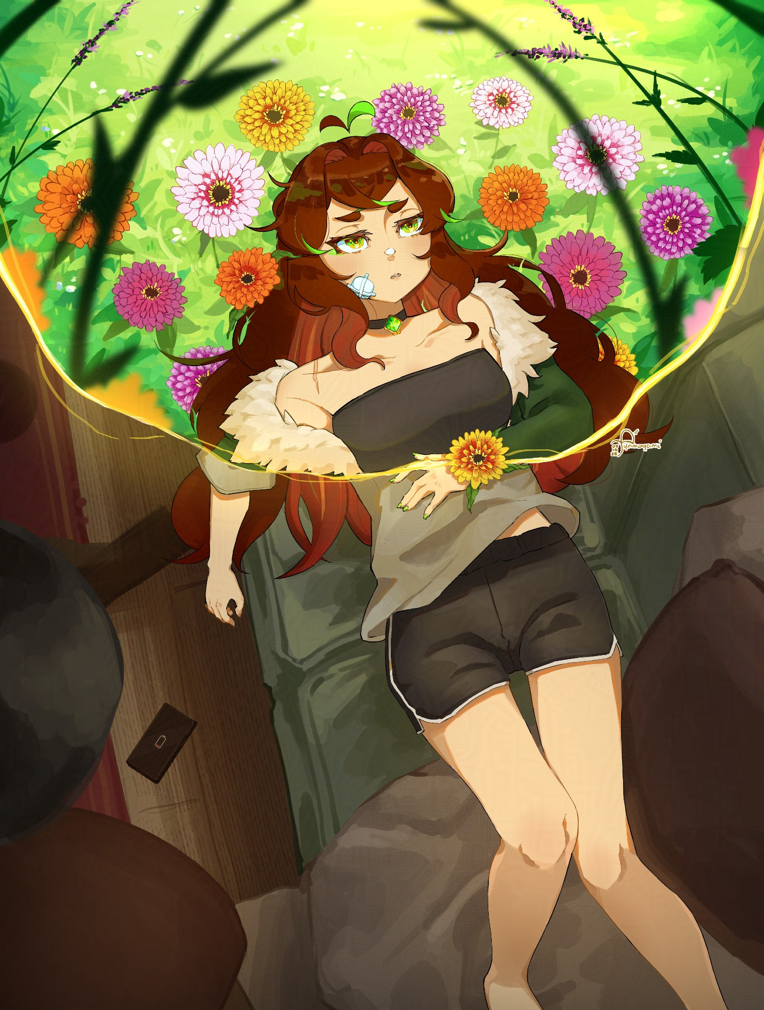 An illustration featuring my OC Agate. On one part of the drawing, they are seen laying in a bed of assorted Zinnia flowers, surrounded by other various flowers in the grass. On this part of the drawing, Agate wears a strapless black dress and a decorated collar, a green fur coat over the dress. A bandage is placed on their right cheek.
On the rest of the drawing, Agate is seen laying down on a couch. They are wearing a gray t-shirt and black dolphin shorts. 
Agate wears a tired, somber expression.