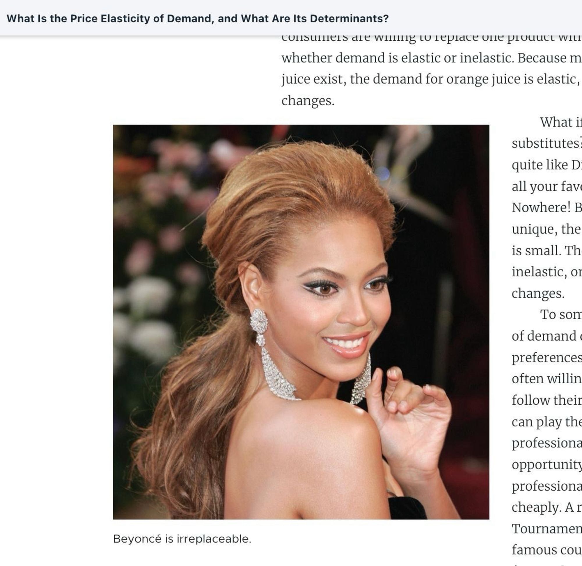 A chapter in an intro microeconomics textbook that includes a picture of Beyoncé with the caption “Beyoncé is irreplaceable”