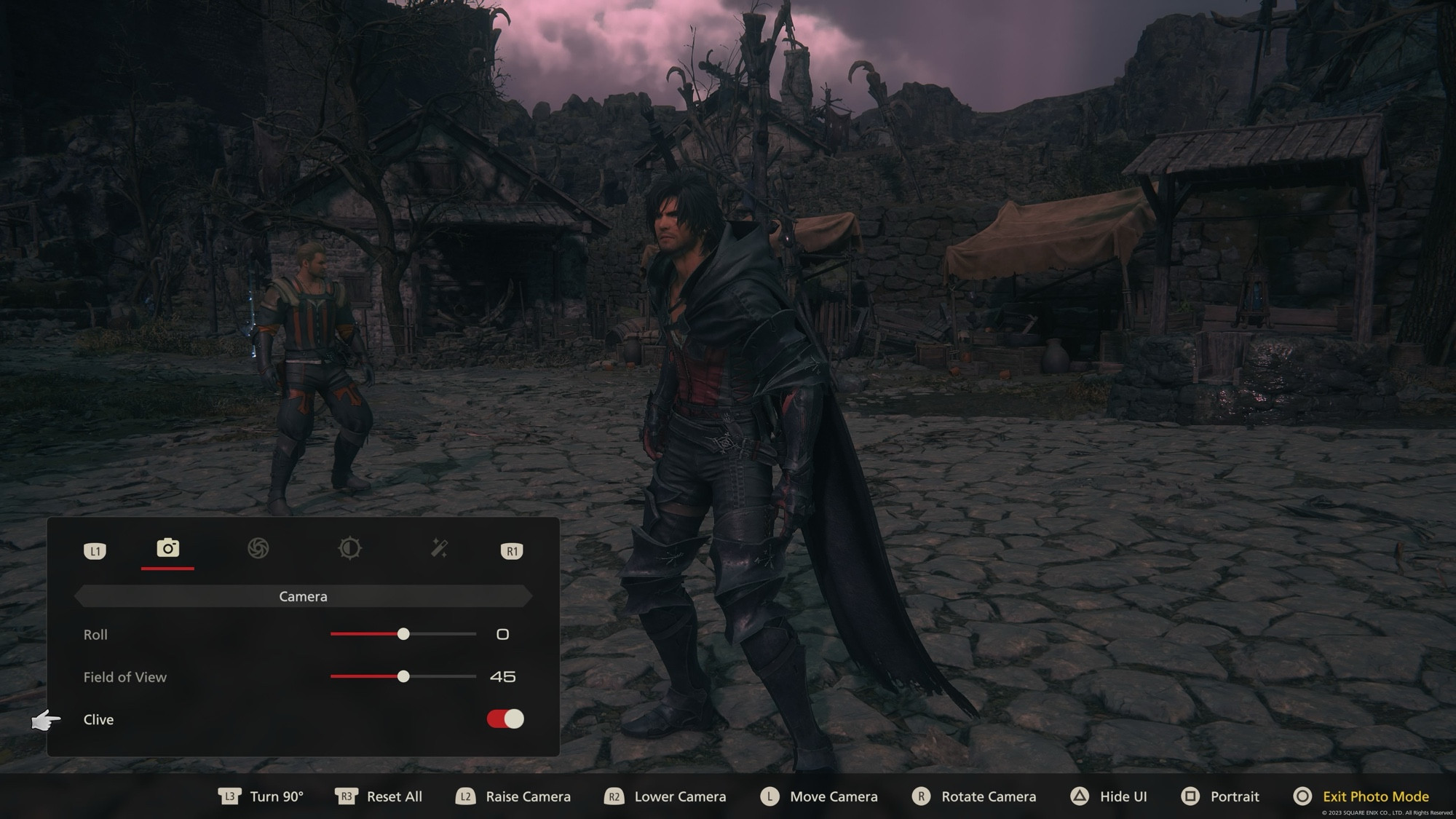 A screenshot from the video game Final Fantasy 16. It shows the characters Clive, Gav and Joshua paused in the Photo mode menu, with the Photo Mode UI in the bottom left hand corner. There is an option to have Clive displayed in the screenshot, and that option is checked. 