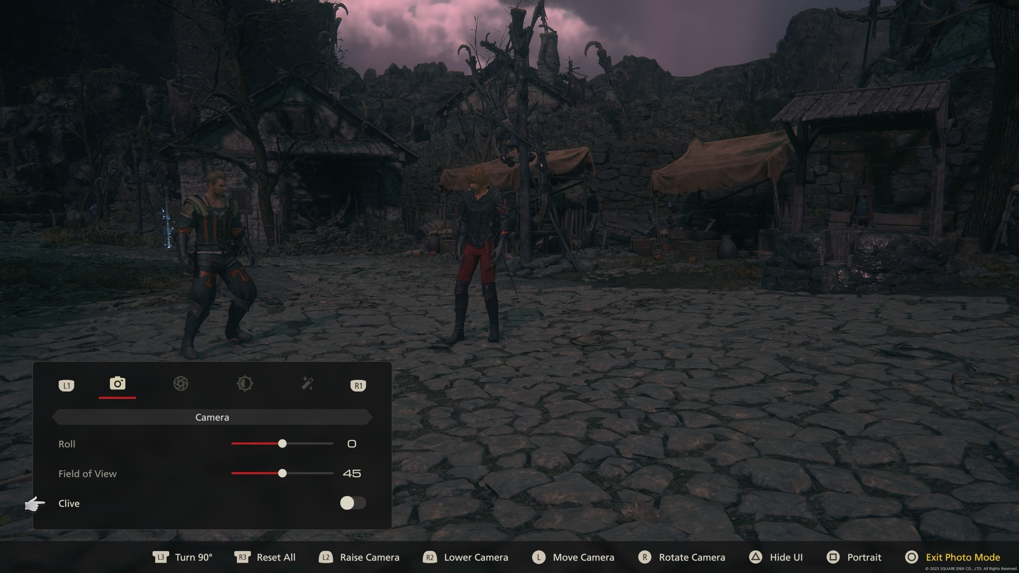 A screenshot from the video game Final Fantasy 16. It depicts the exact same screenshot in the previous image, but it only shows the characters Gav and Joshua- Clive has seemingly vanished. The Photo Mode UI is in the bottom left hand corner, but this time the option to display Clive in the screenshot has not been checked. Goodbye, Clive. 