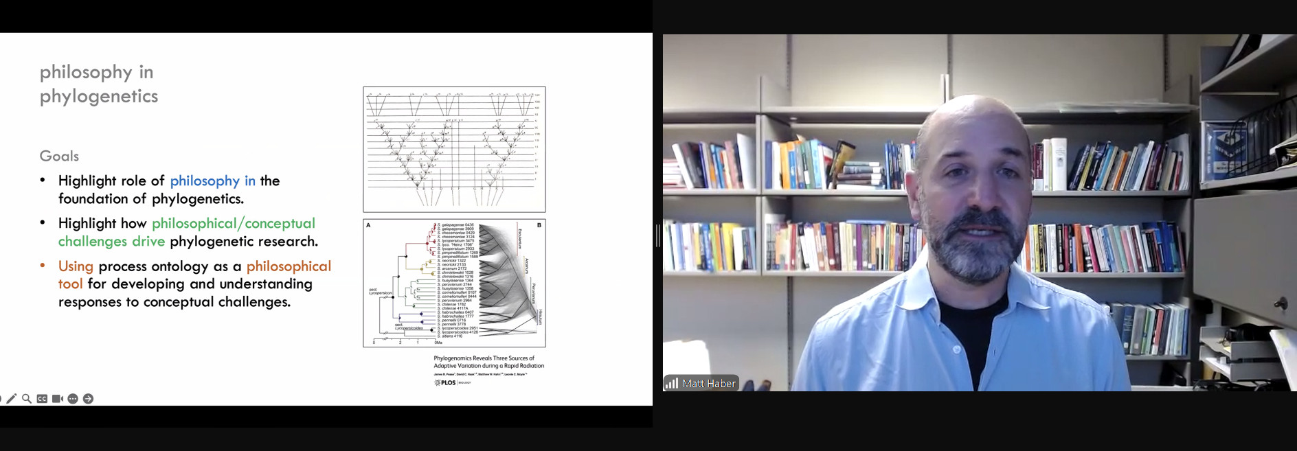 A slide about philosophy in phylogenetics and a picture of the speaker.