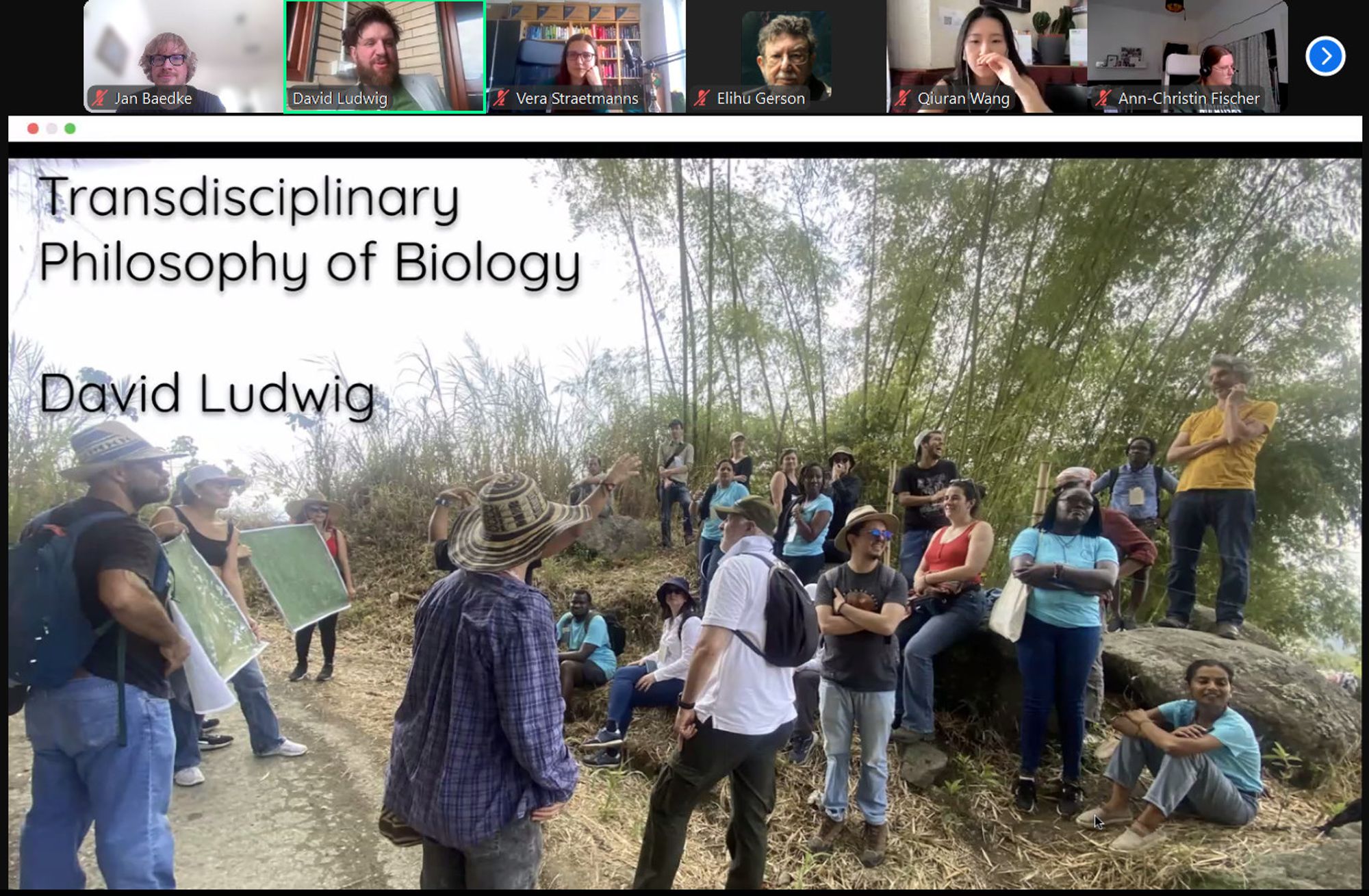 Screenshot from zoom showing the title slide of David Ludwig´s talk and the screens of some participants.