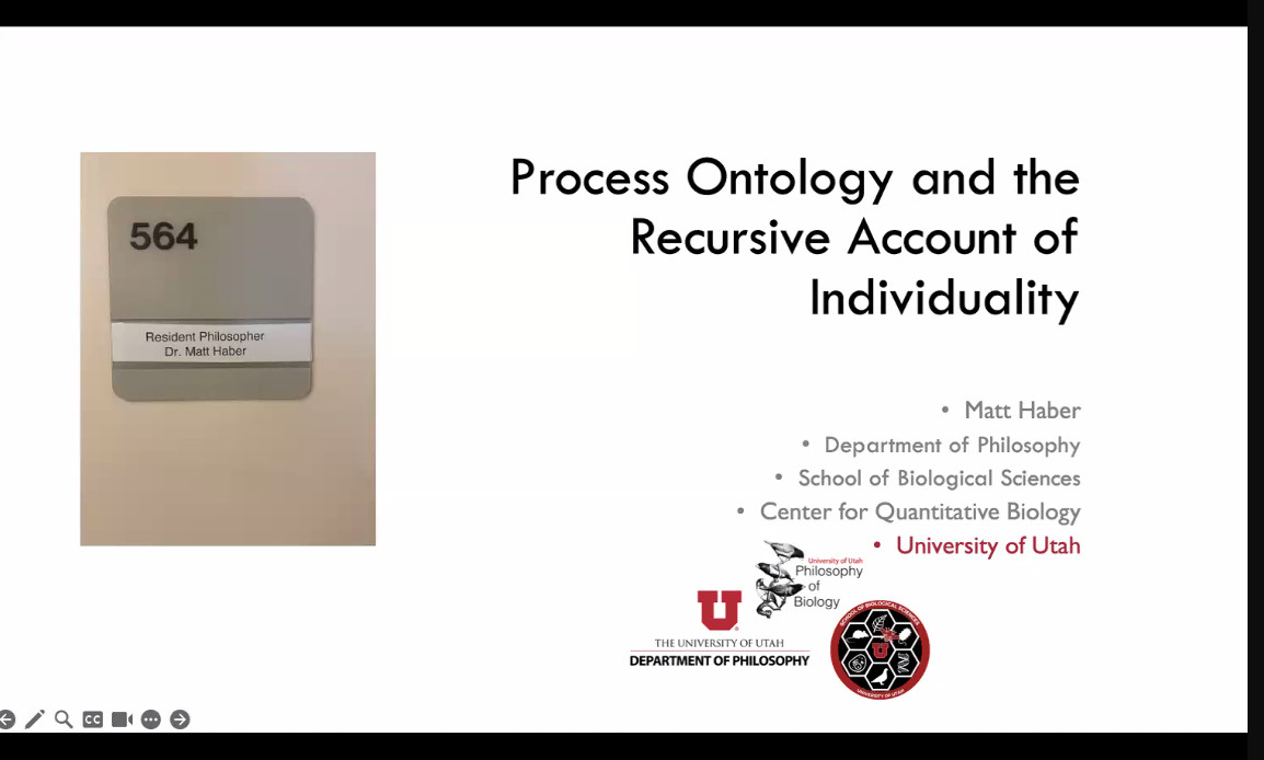 Title slide of Matt Haber's talk, entitled "Process Ontology and the Recursive Account of Individuality"