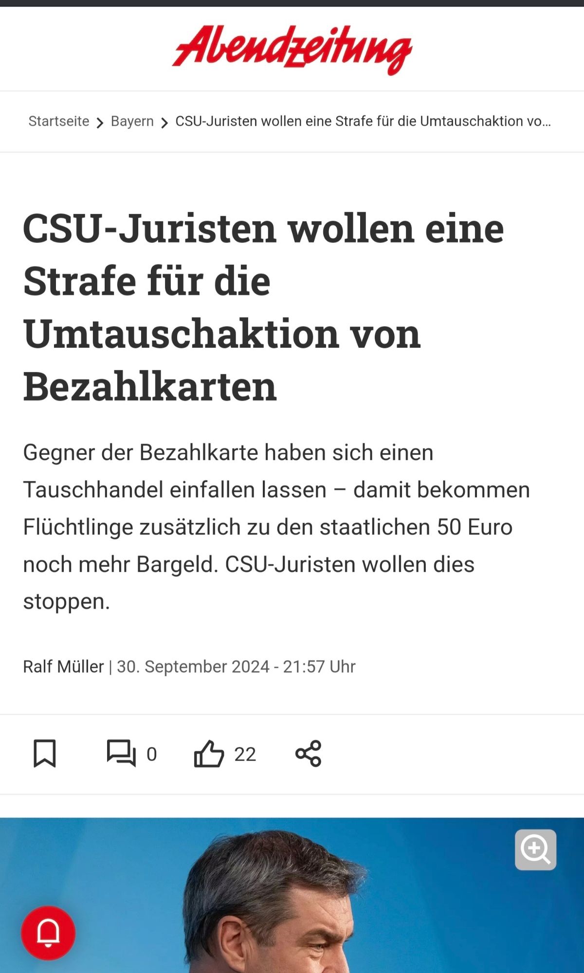 Screenshot von der Abendzeitung.
Die Überschrift lautet: CSU-Juristen wollen eine Strafe für die Umtauschaktion von Bezahlkarten