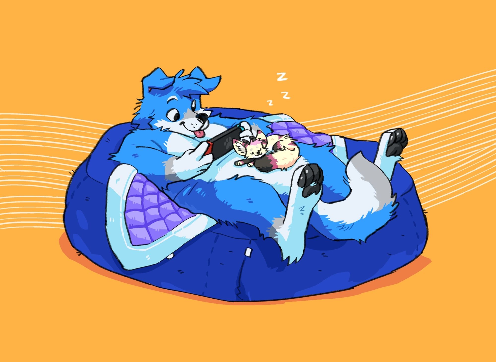 An anthro blue chubby dog lying back on a bean bag playing on a Nintendo Switch, while a small fennec fox / goat hybrid is curled up, napping on the dog's soft belly.