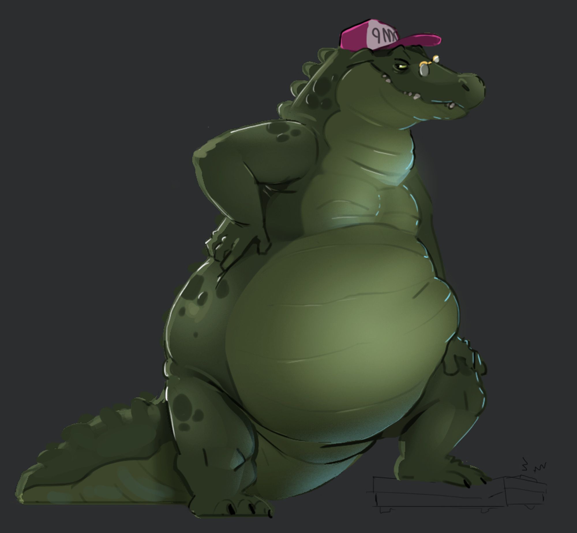 A fat crocodile guy wearing a pink baseball cap and glasses, smirking at the viewer, one foot standing on poorly shown scales that are breaking due to his enormous fucking weight, what an idiot