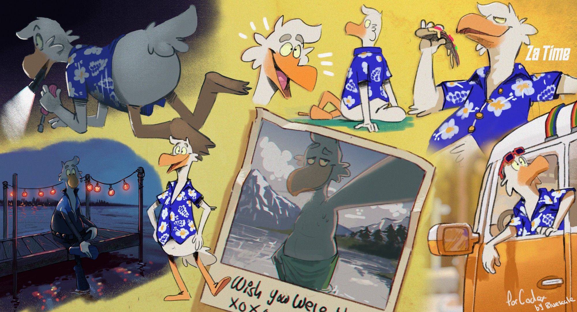 A series of sketches of an cartoon albatross wearing a blue floral shirt with white pattern. Sketch 1 top left, hes on hands and knees in the dark, holding a screwdriver and holding a lit flashlight in beak. Sketch 2 bottom left, hes' putting on scuba gear on a small dock, there is fairy lights strung up and its night time, the lights and dock reflecting in water. Sketch 3 top middle left, hes looking happy. Sketch 4 bottom middle left, hes standing leaning forward hands on hips. Sketch 5, its a polaroid of him in a green towl, mountains in background, getting in our out of a lake. Sketch 6 top middle right, hes sitting down looking back over his shoulder. Sketch 7 top right, he's leaning back with a slice of pizza looking smug 'za time' is in text. Sketch 8 bottom right, hes leaning out the side of an orange kombi van looking back at something. An out of focus green/orange forest is in the background.