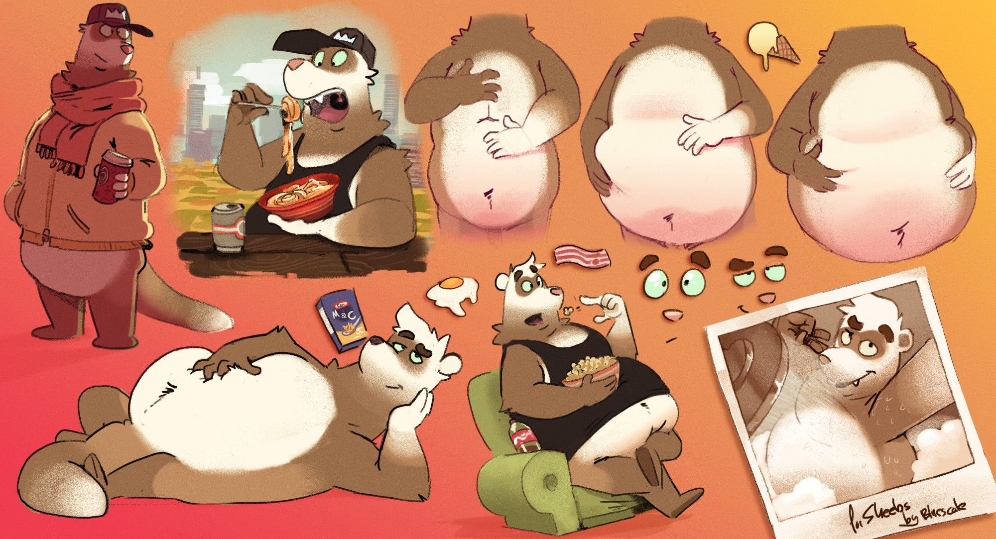 A sketch page of a fat ferret man. Eight colored sketches. Top left he's standing holding a starbucks coffee in a yellow jacket with orange hoodie wearing a black cap with white crown. Second top left he's sitting in a park somewhere eating a bowl of pasta with a can of beer on the table wearing a black tanktop and black hat. To the right are 3 more sketches of the ferrets body growing fatter. Bottom left the ferret is laying on their side/back squishing their stomach and looking smug at the camera. Middle bottom sketch is the ferret sitting back on a sofa, eating a bowl of popcorn, throwing a peice of popcorn into their mouth, there is a coke a cola bottle wedged between him and the sofa. Bottom right is a polaroid picture of the ferret in a shower, top down perspective as he coyly looks at the camera as steam covers up anything  too funny.