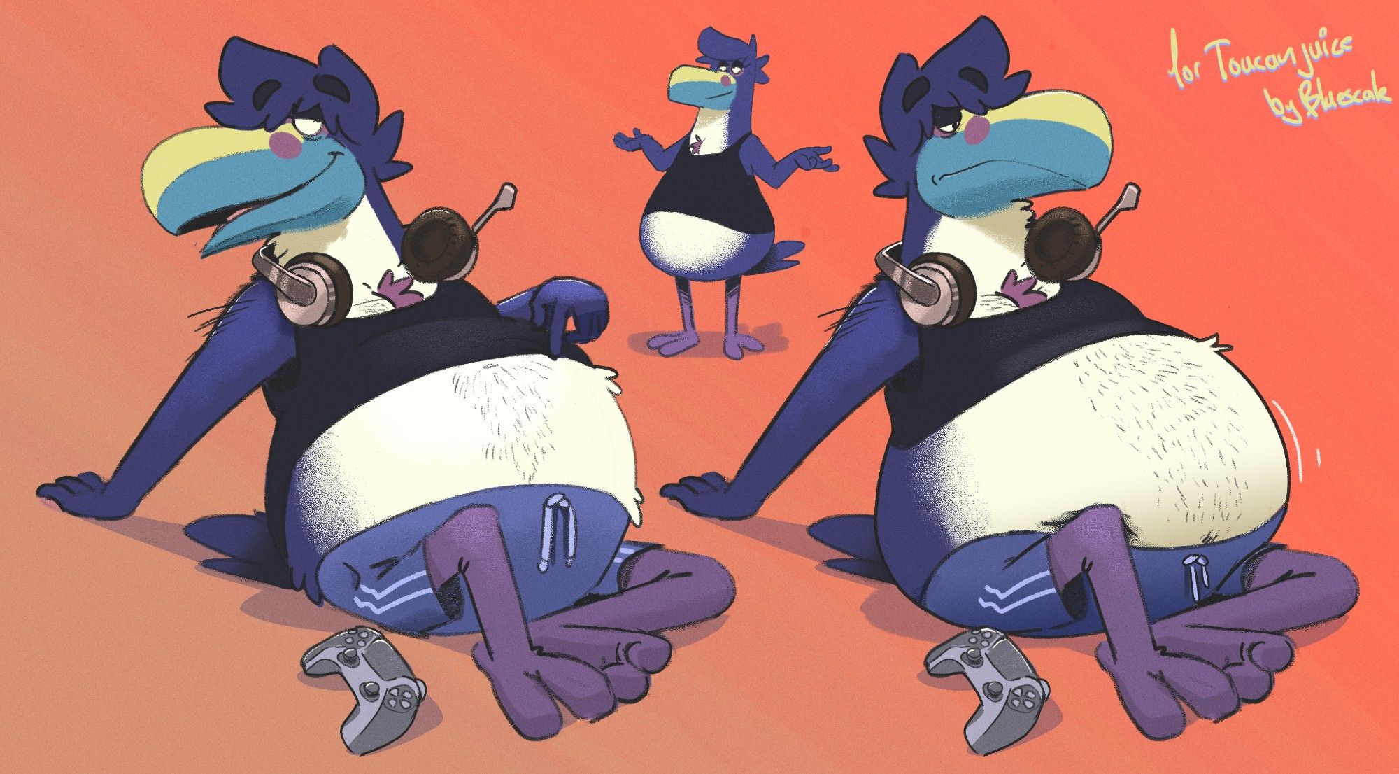 three images of a fat toucan lounging back, wearing blue gym shorts, a black tanktop and headphones. A video game controller lays next to them.  One image they are prodding their stomach and smirking, the other is an edit of the first where they have a bigger stomach and are looking tired. In the middle is a smaller more simple cartoon doodle of them.