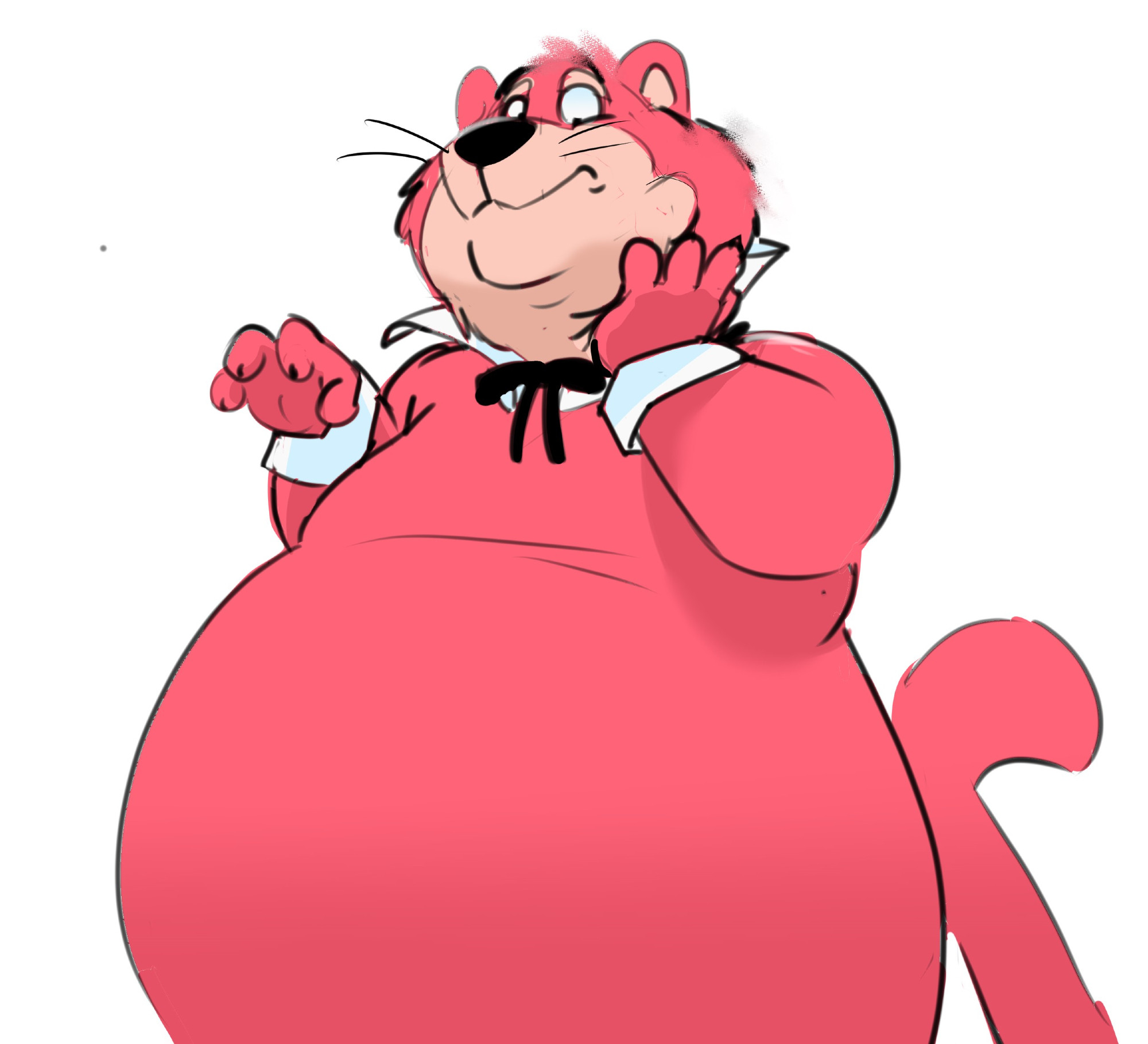 A  fat snagglepuss with a hand pressed to his double chin/cheek as he looks down in surprise