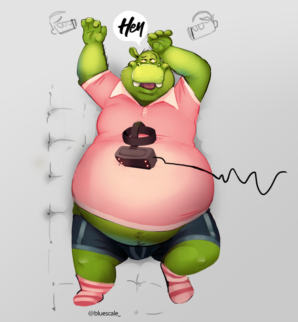 A big fat green  hippo wearing a pink polo shirt, blue briefs and pink striped socks.  Hes laying on his back and there is a VR headset on his stomach. He's looking up at the camera saying 'hey'