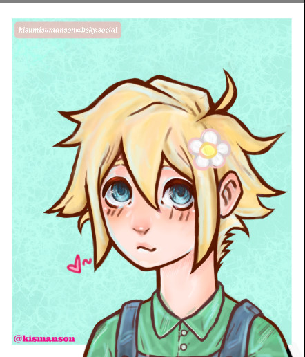 a fanart of Basil, a character from a game called Omori, he has short blonde hair, a daisy flower on his head as an accessory, fair skin and blue eyes, a green shirt with two buttons on the very top of the shirt, layered with blue jean fabric, overalls.
The background is a aqua colored square with water wave almost texture, with white frames. In the bottom left there is a credit that says  @kismanson and at top that says kisumisumanson@bksy.social both my usernames