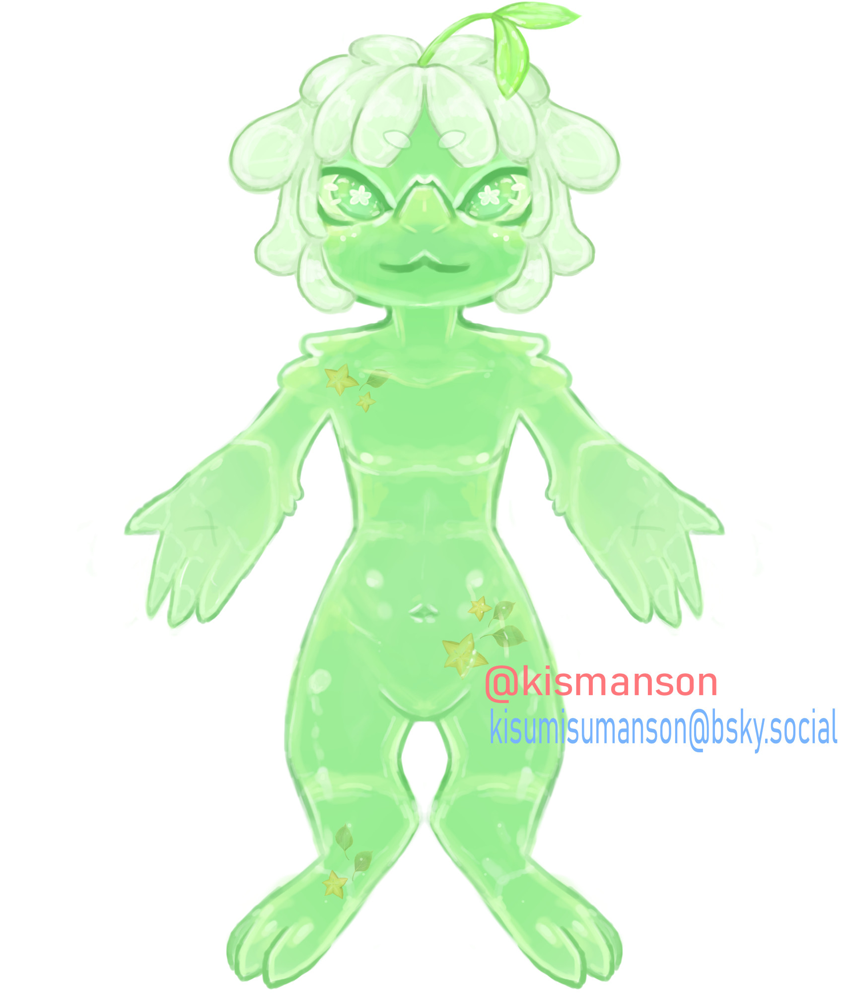 A digital art drawing of an Anthro furry full body front character that is digitigrade and looking at the viewer with their arm spreaded out. The entire body seems to be made of light green cloudy gelatin. They also seems to have charms in the Jello that are: Green leaf and yellow sliced starfruit; the placement of charms seems to be at the top right shoulder, their left underbelly side, and their right ankle- all have different variations. The character seems to have lime green eyes that have white flower shape in the middle, and their hair seems to be short and light lime in color, the edges of the hair are very smooth and round. They also have green and long plant growing on top of their head, the stem is long and it ends with two long almost tear shaped green leaves that has shine on them. The species of the character is Jellibeetles, which are basically beetle furry like creatures that are made entirely of colorfull jello. The drawing is made by @kisumisumanson@bsky.social