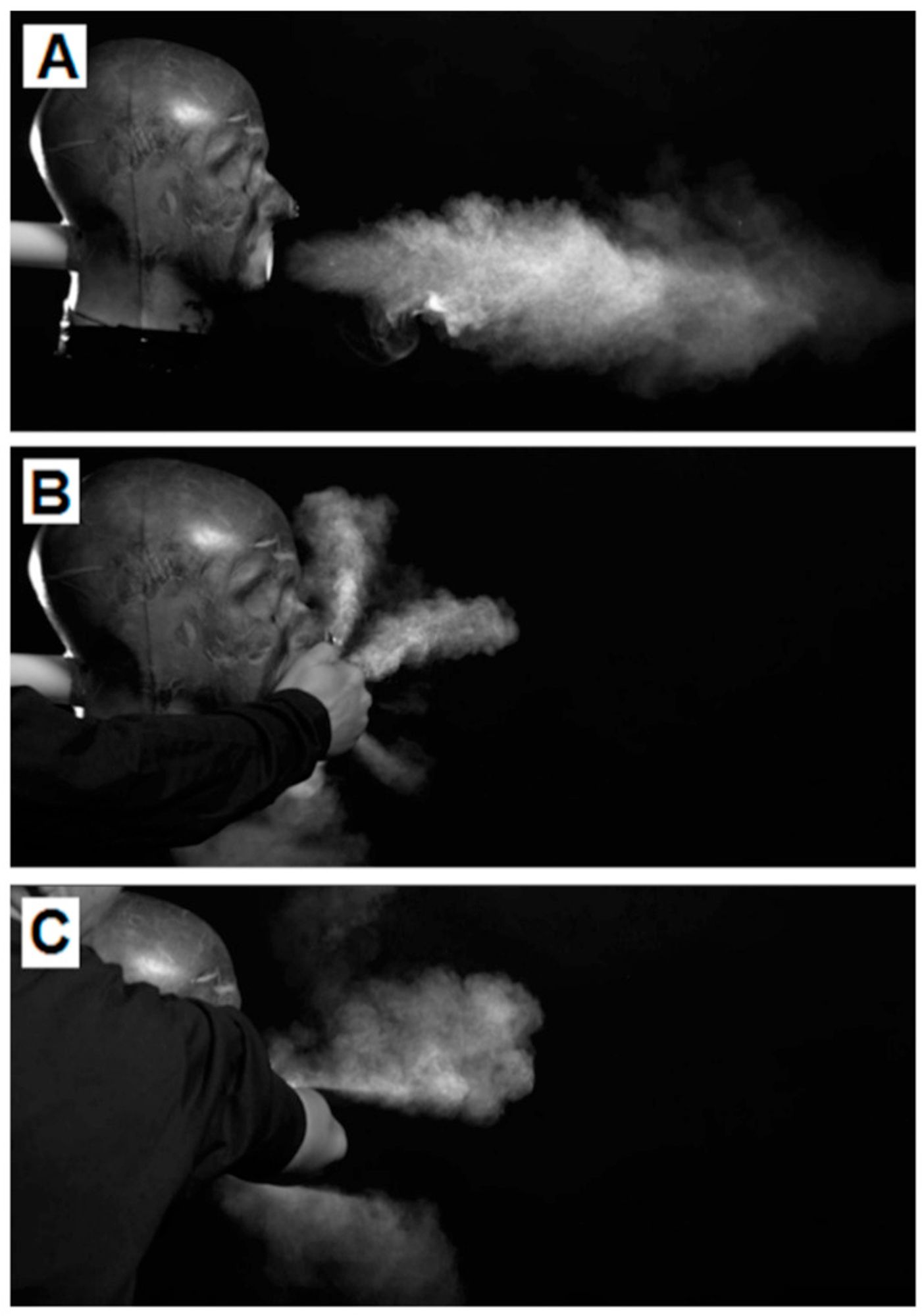 "With the unmitigated cough, the cough travelled from the mouth and formed a cloud (Figure 7A). This elongated and gently dispersed. When a cupped hand was placed in front of the mouth (test B) the particle cloud was diverted from a forward plane and escaped the hand as a “star” pattern in a flat vertical plane (Figure 7B). A bare elbow (test C) was shown to divert the particle burst above and below the elbow, while still being propelled forward (Figure 7C). This cloud was seen to recombine as it travelled further from the cough origin."