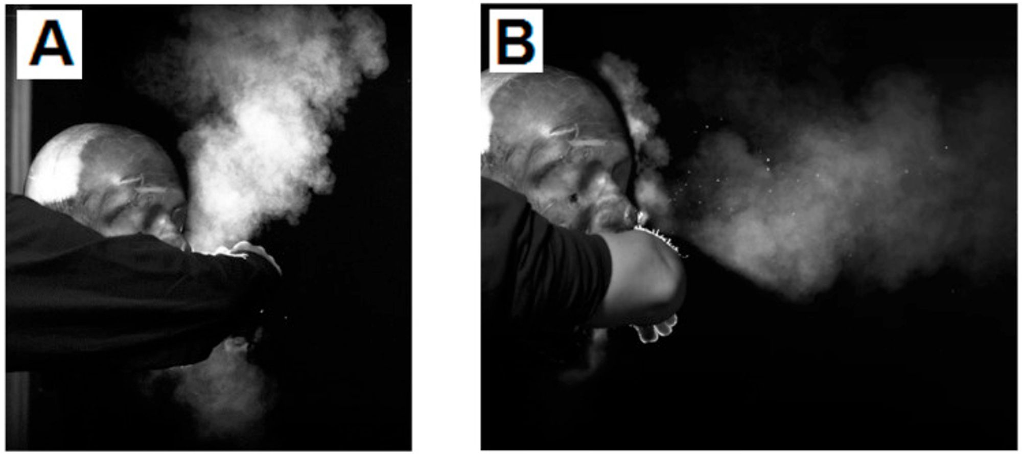 "Compared to intervention with a bare elbow, a sleeved elbow appears to entrap some of the particles thus reducing the particle cloud size and directing it in an upward manner (Figure 9A). An elbow pressed up close to the mouth or origin of the cough appears to visually reduce forward contamination compared to an unmitigated cough and the bare elbow (test C), deflecting much of it back towards the face of the person coughing. See Figure 9B."