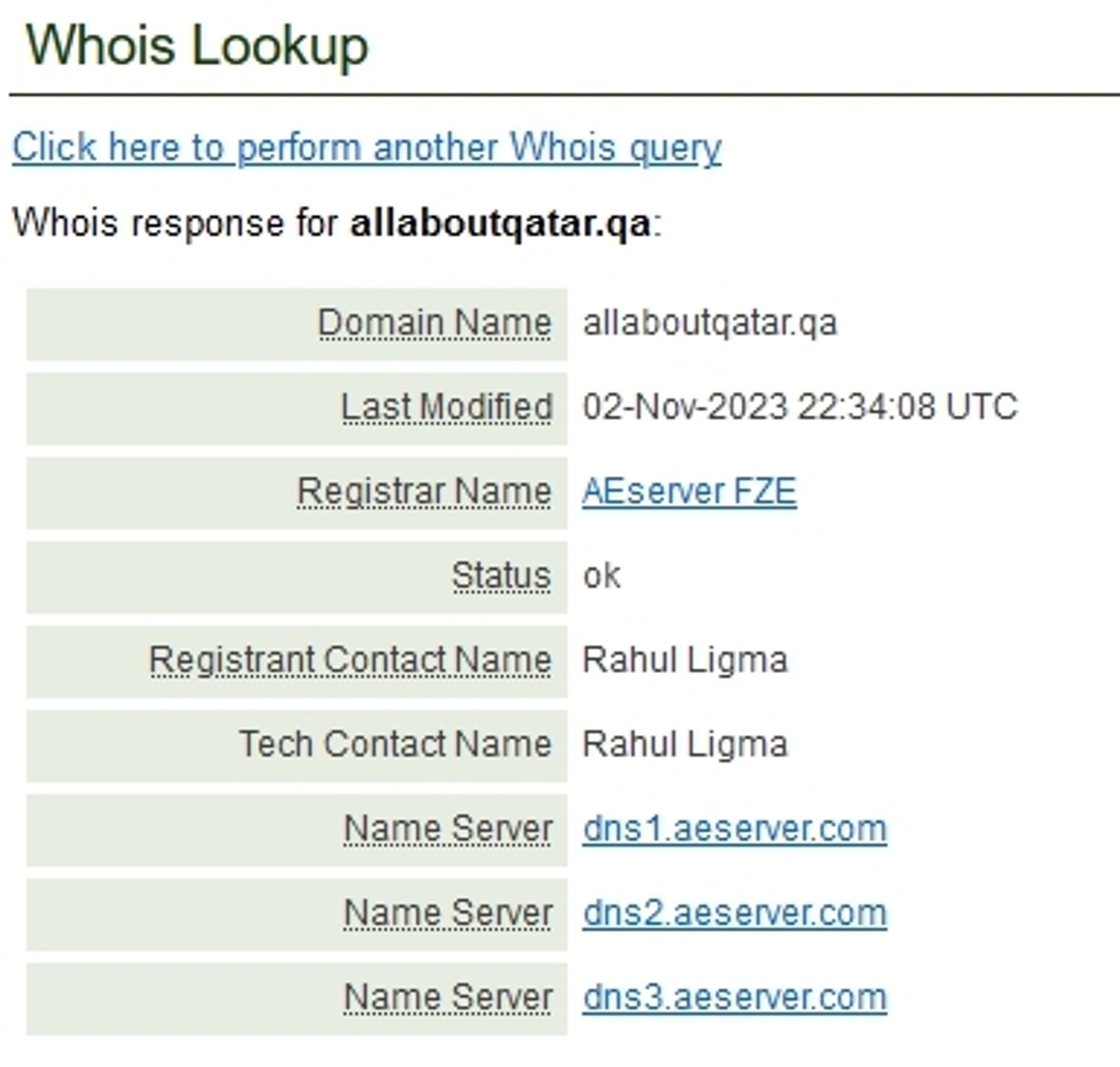 Domain whois for alaboutqatar.qa that lists Rahul Ligma as the registerar