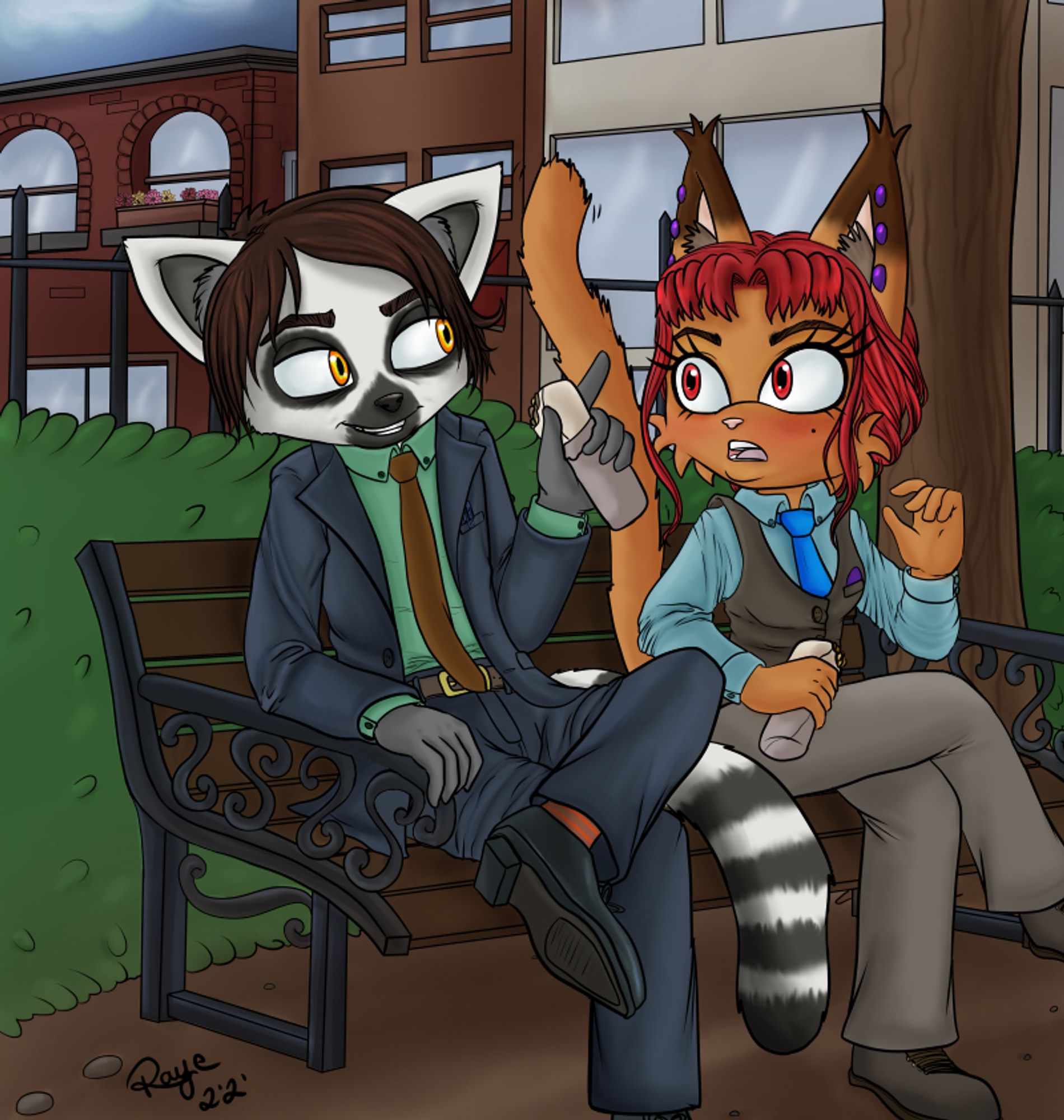 The sonic/mobian style version of Raye and Mark. They are sitting on a park bench eating lunch. Raye looks at him flustered and Mark looks like he's been talking, likely making a comment that made raye feel somewhat embarrassed